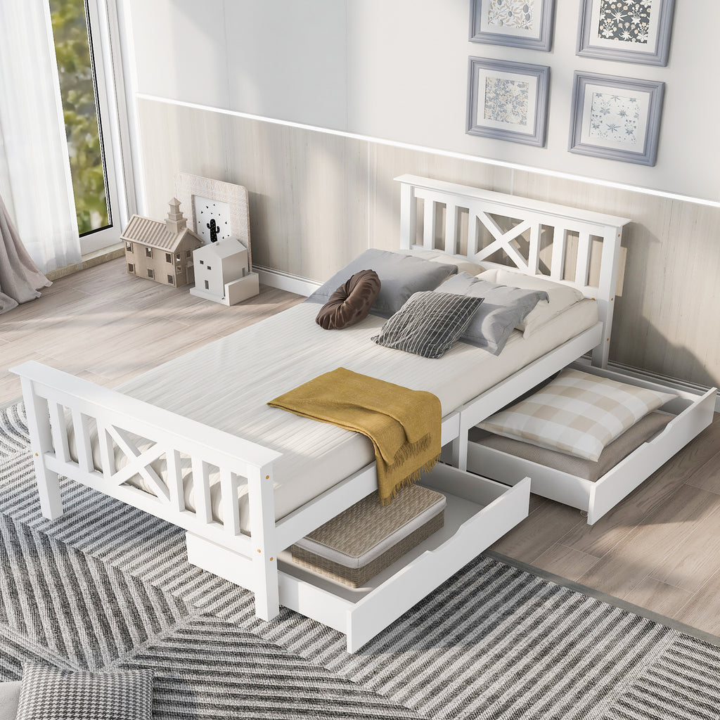 Wooden Bed Frame with Drawers Single Storage Bed Solid Pine Wood,3FT Guest Bed For Adults, Kids, Teenagers (White 90x190cm)