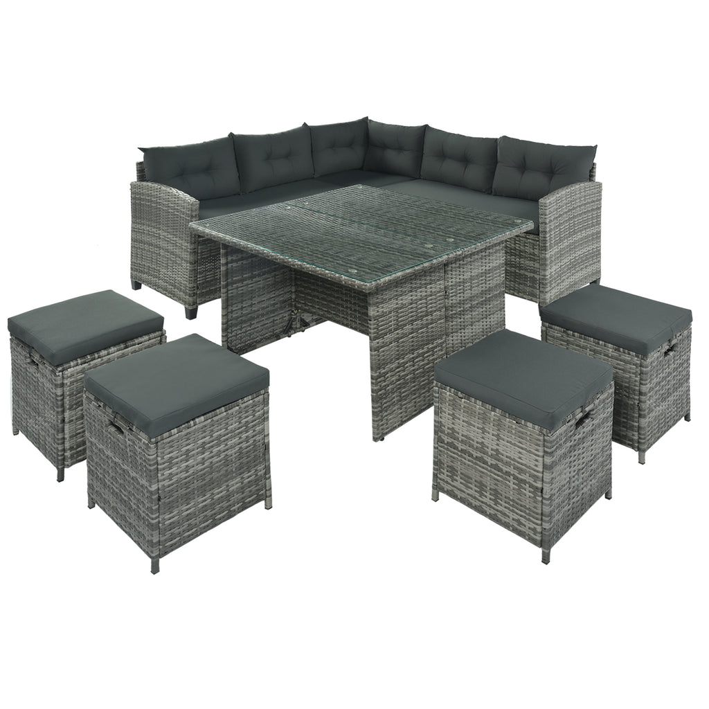 Patio Furniture Set, 8 Piece Patio Dining Sofa Set, All Weather Wicker Rattan Sofa with Dining Table & Chair & 4 Ottoman, Grey wicker + Grey cushions