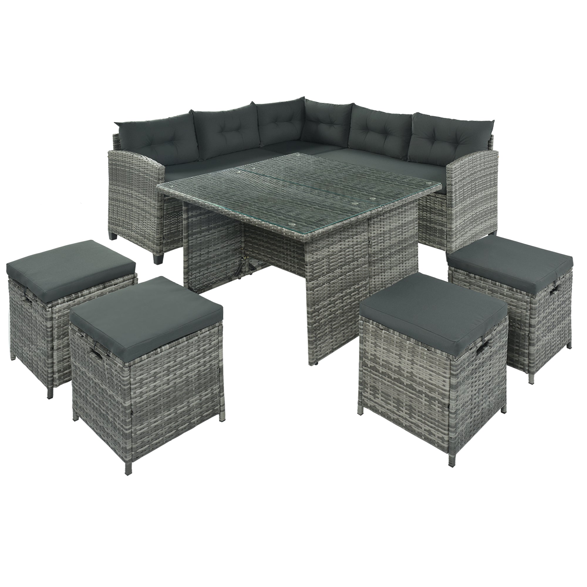 Patio Furniture Set, 8 Piece Patio Dining Sofa Set, All Weather Wicker Rattan Sofa with Dining Table & Chair & 4 Ottoman, Grey wicker + Grey cushions