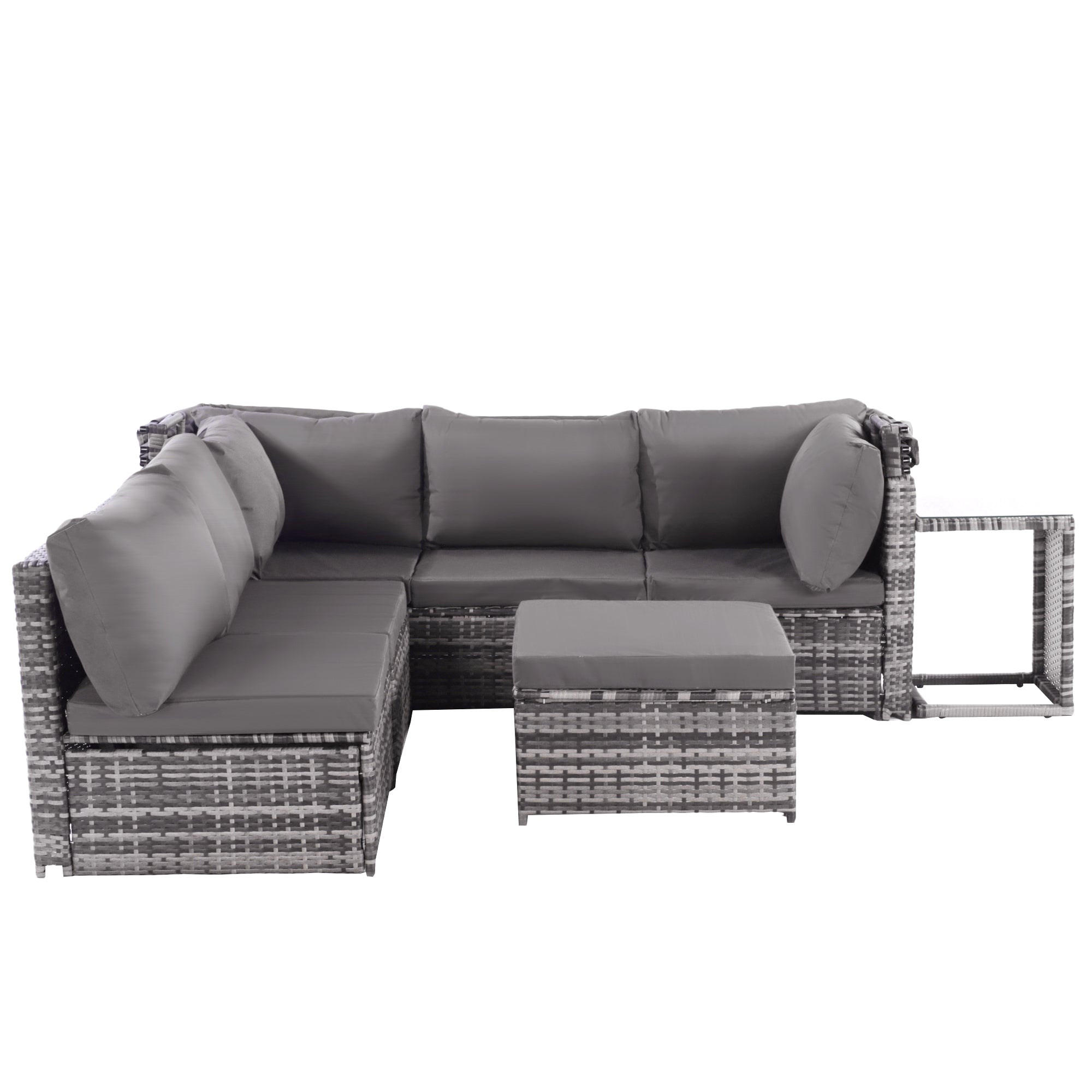 5-Piece Rattan Garden Furniture Set, Patio Lounge Set with Canopy, All Weather Wicker, Washable Cushions, Grey wicker + Grey cushions