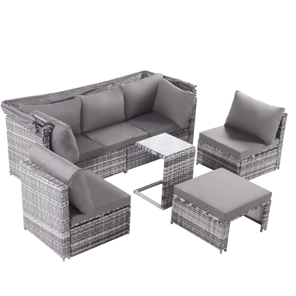 5-Piece Rattan Garden Furniture Set, Patio Lounge Set with Canopy, All Weather Wicker, Washable Cushions, Grey wicker + Grey cushions
