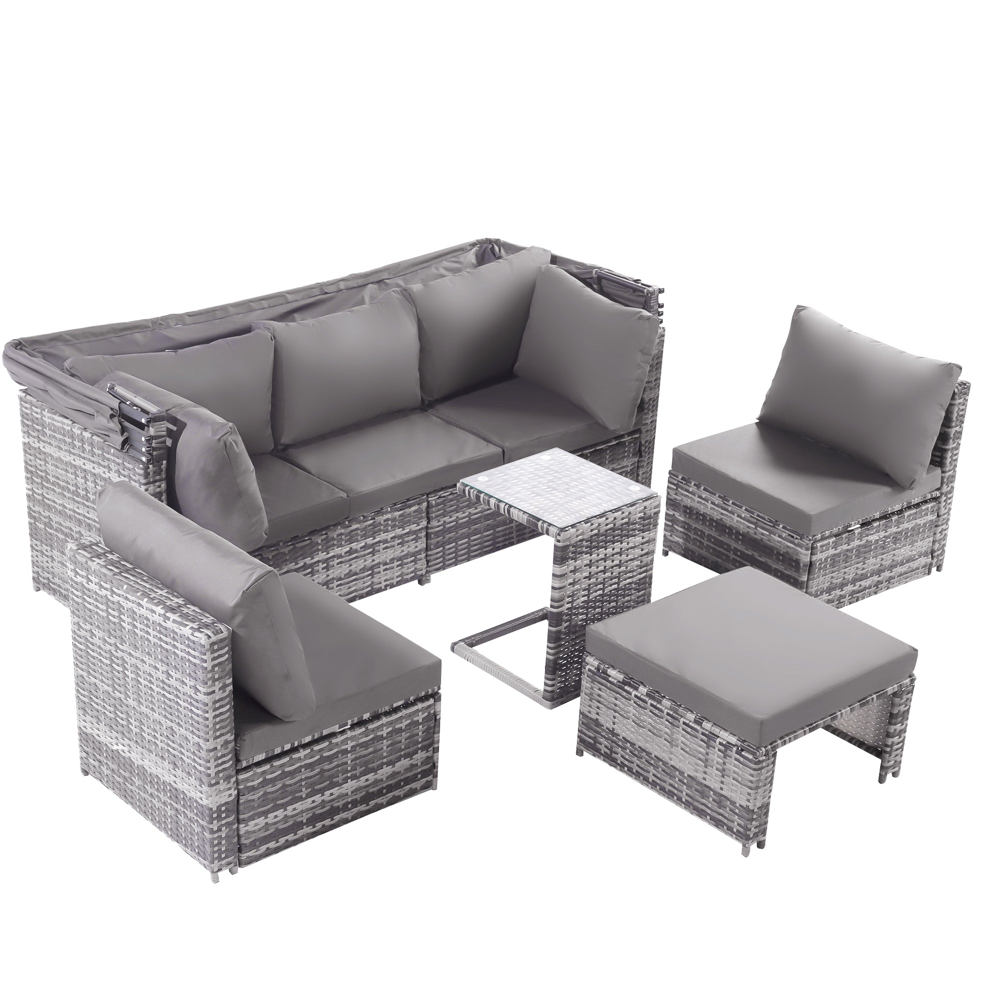 5-Piece Rattan Garden Furniture Set, Patio Lounge Set with Canopy, All Weather Wicker, Washable Cushions, Grey wicker + Grey cushions