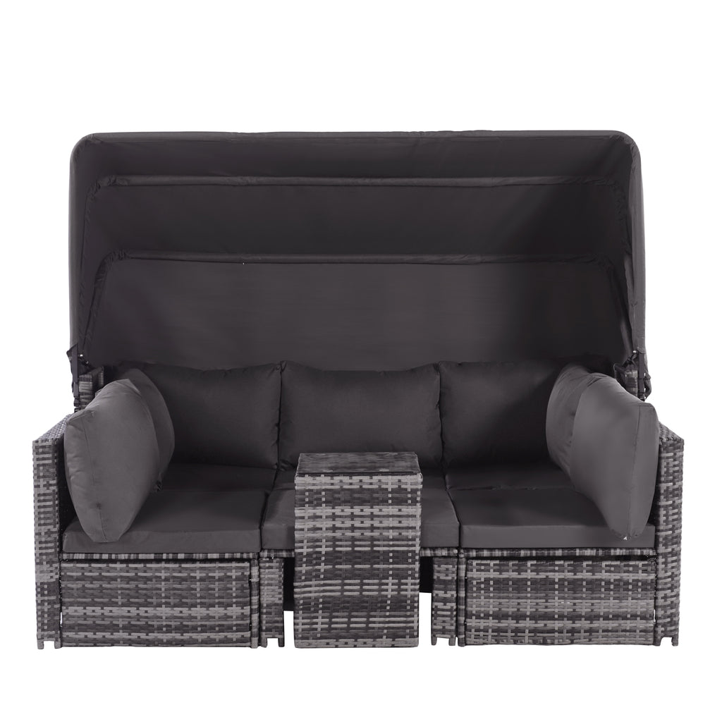 5-Piece Rattan Garden Furniture Set, Patio Lounge Set with Canopy, All Weather Wicker, Washable Cushions, Grey wicker + Grey cushions