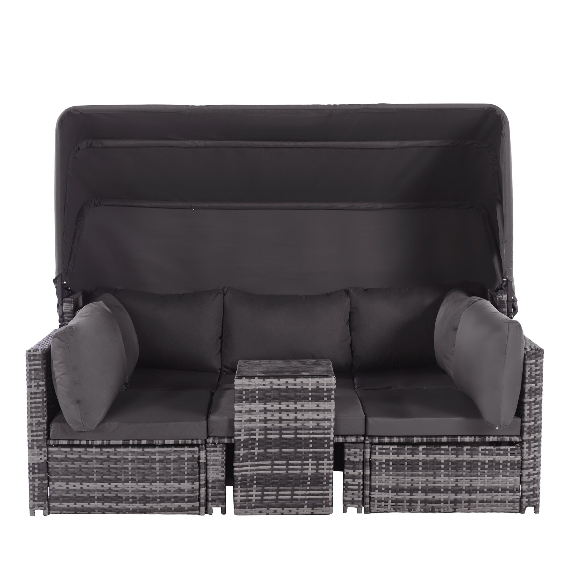 5-Piece Rattan Garden Furniture Set, Patio Lounge Set with Canopy, All Weather Wicker, Washable Cushions, Grey wicker + Grey cushions