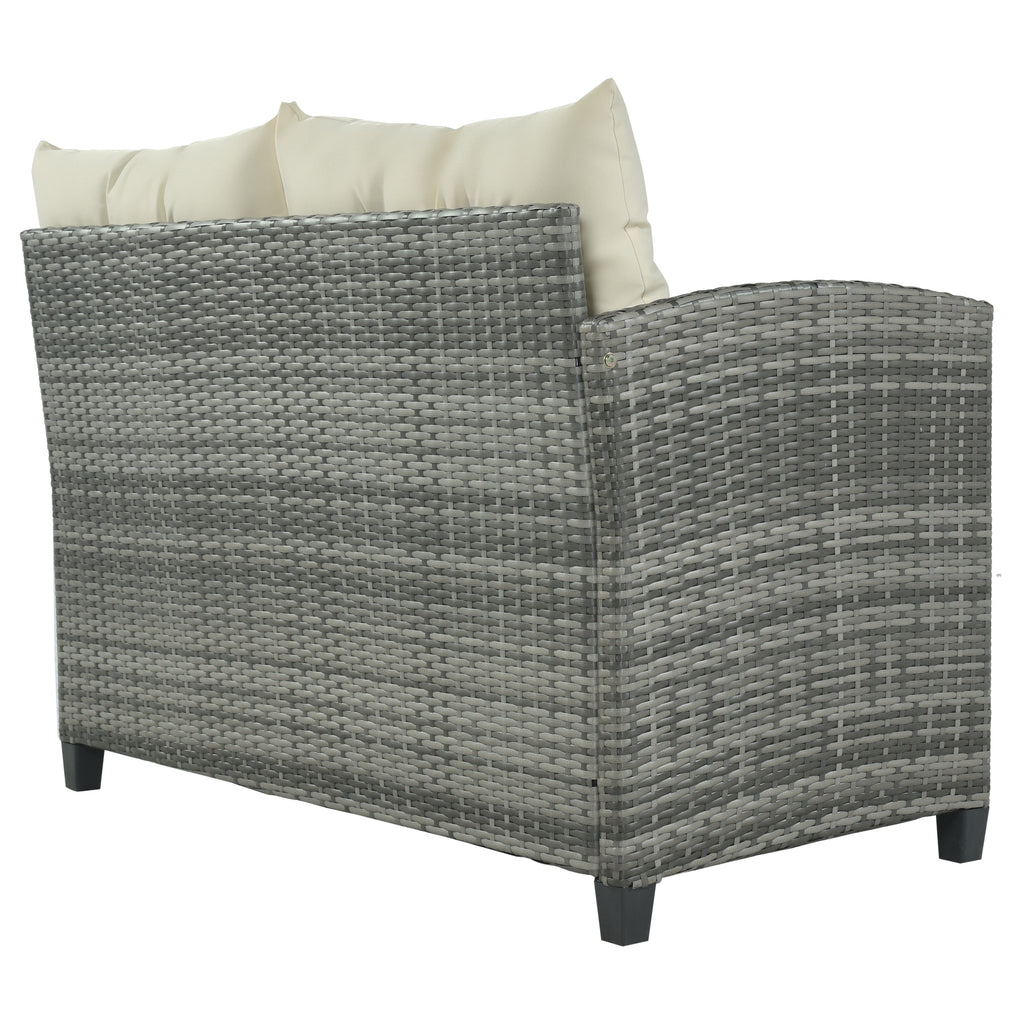 Patio Furniture Set, 8 Piece Patio Dining Sofa Set, All Weather Wicker Rattan Sofa with Dining Table & Chair & 4 Ottoman, Grey wicker + Beige cushions