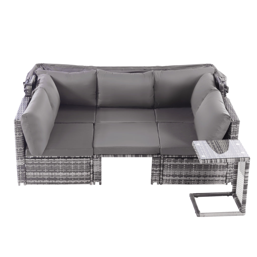 5-Piece Rattan Garden Furniture Set, Patio Lounge Set with Canopy, All Weather Wicker, Washable Cushions, Grey wicker + Grey cushions