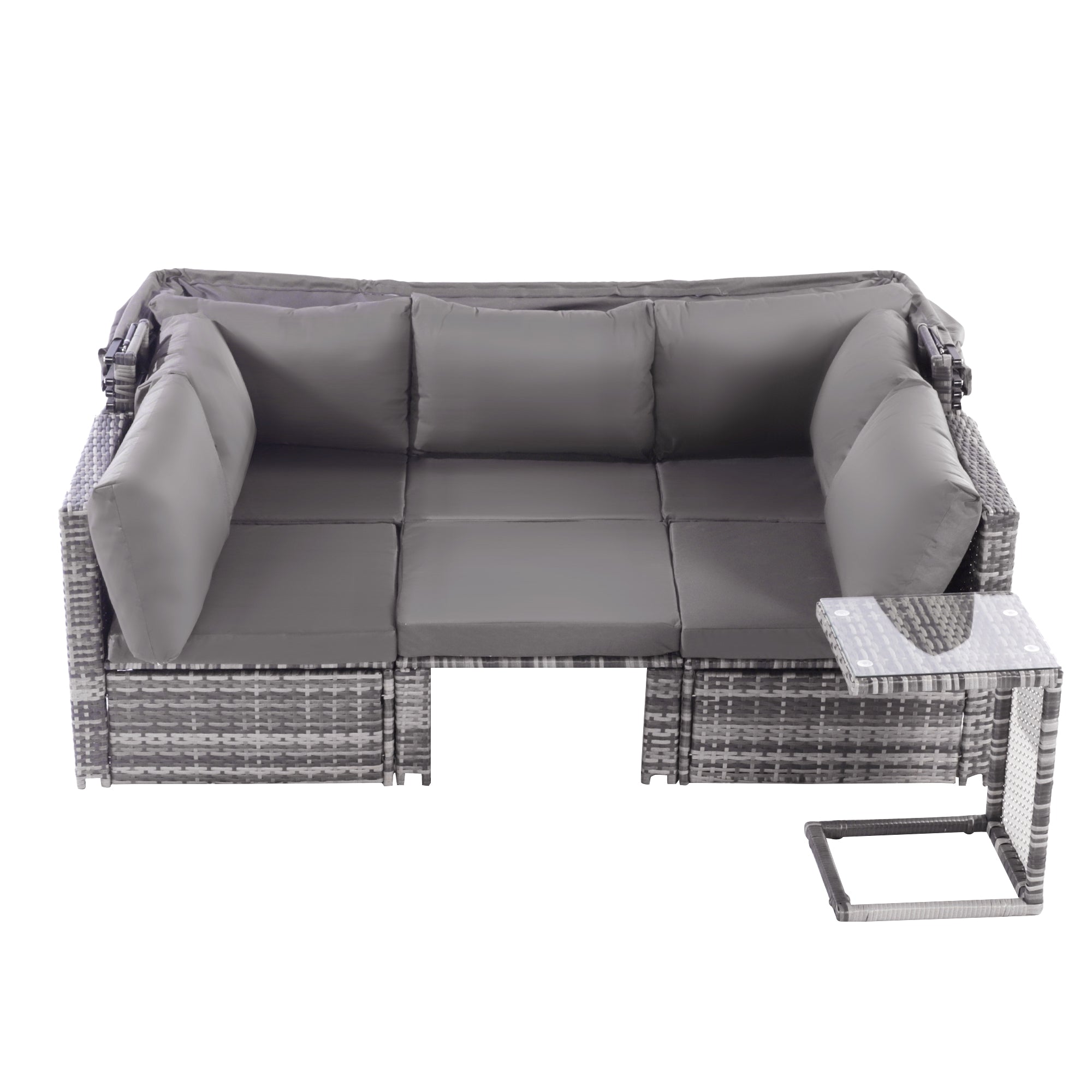 5-Piece Rattan Garden Furniture Set, Patio Lounge Set with Canopy, All Weather Wicker, Washable Cushions, Grey wicker + Grey cushions