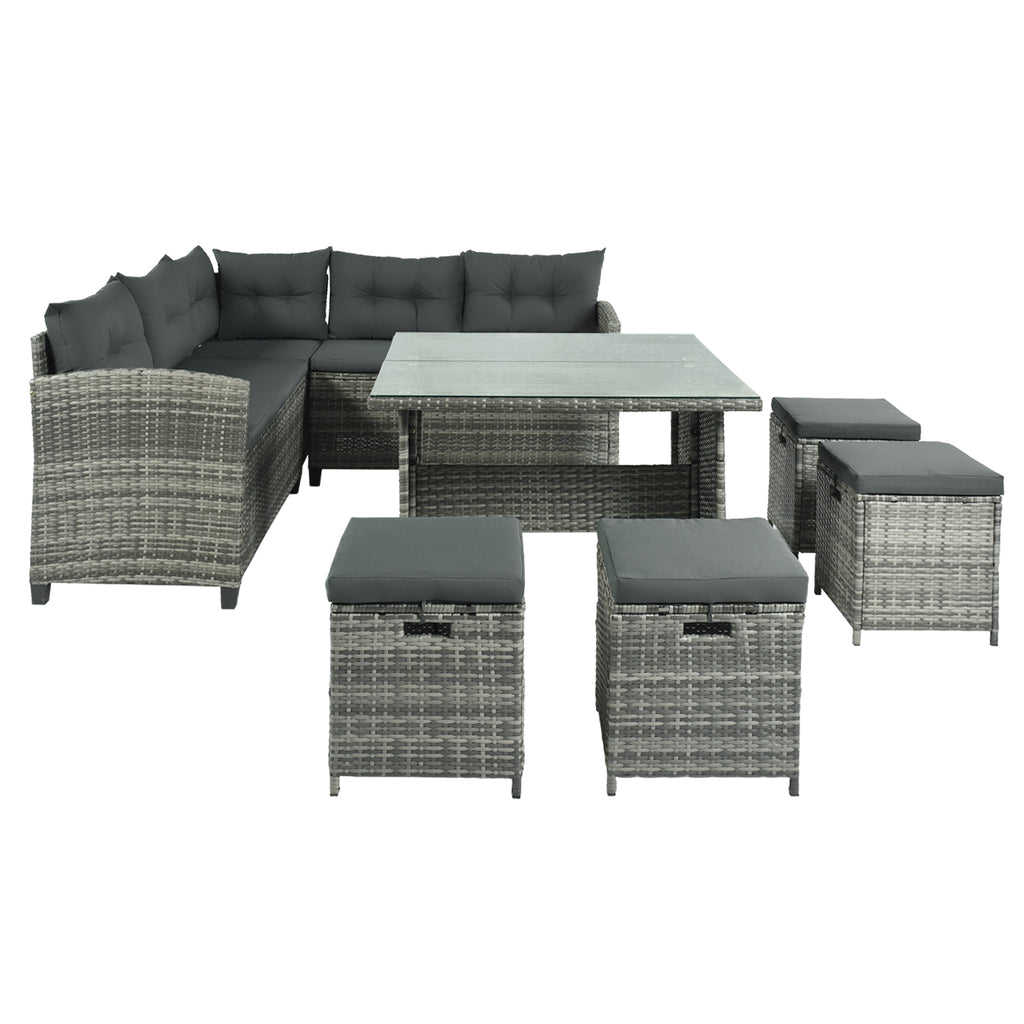 Patio Furniture Set, 8 Piece Patio Dining Sofa Set, All Weather Wicker Rattan Sofa with Dining Table & Chair & 4 Ottoman, Grey wicker + Grey cushions