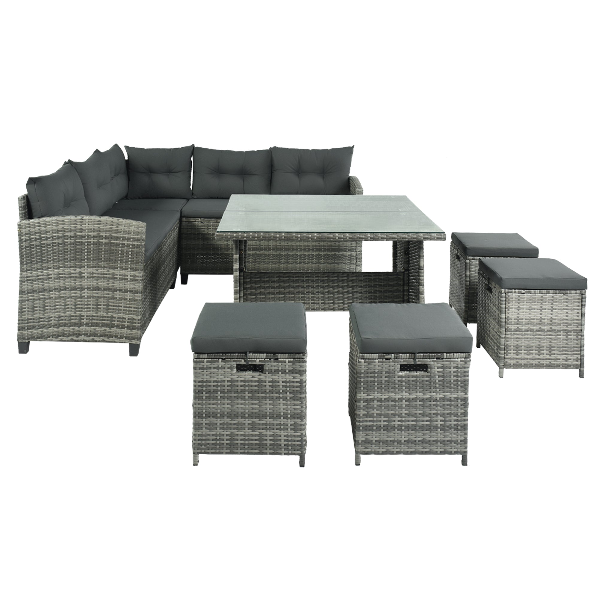 Patio Furniture Set, 8 Piece Patio Dining Sofa Set, All Weather Wicker Rattan Sofa with Dining Table & Chair & 4 Ottoman, Grey wicker + Grey cushions