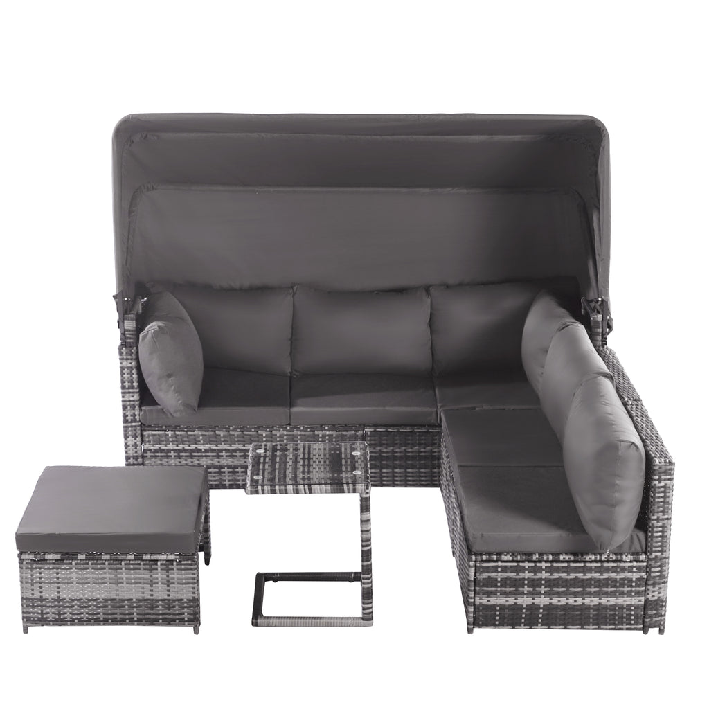 5-Piece Rattan Garden Furniture Set, Patio Lounge Set with Canopy, All Weather Wicker, Washable Cushions, Grey wicker + Grey cushions