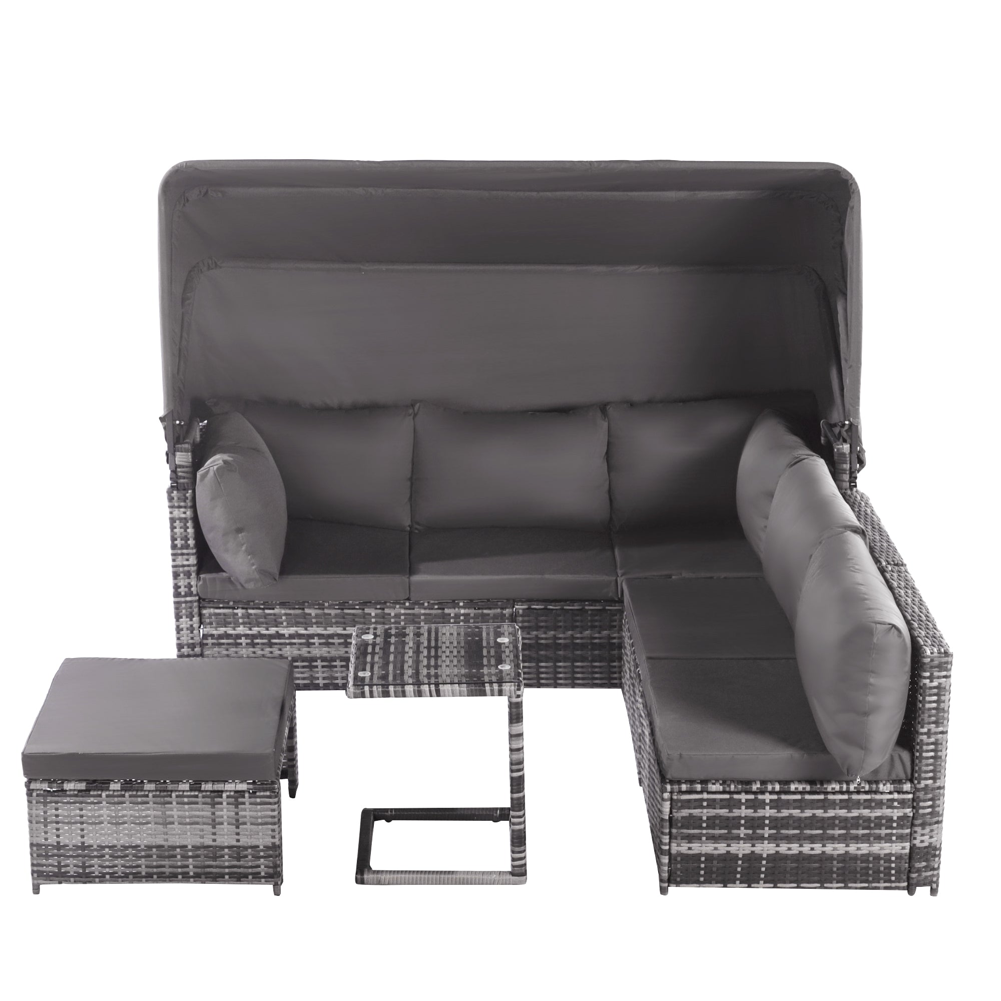 5-Piece Rattan Garden Furniture Set, Patio Lounge Set with Canopy, All Weather Wicker, Washable Cushions, Grey wicker + Grey cushions