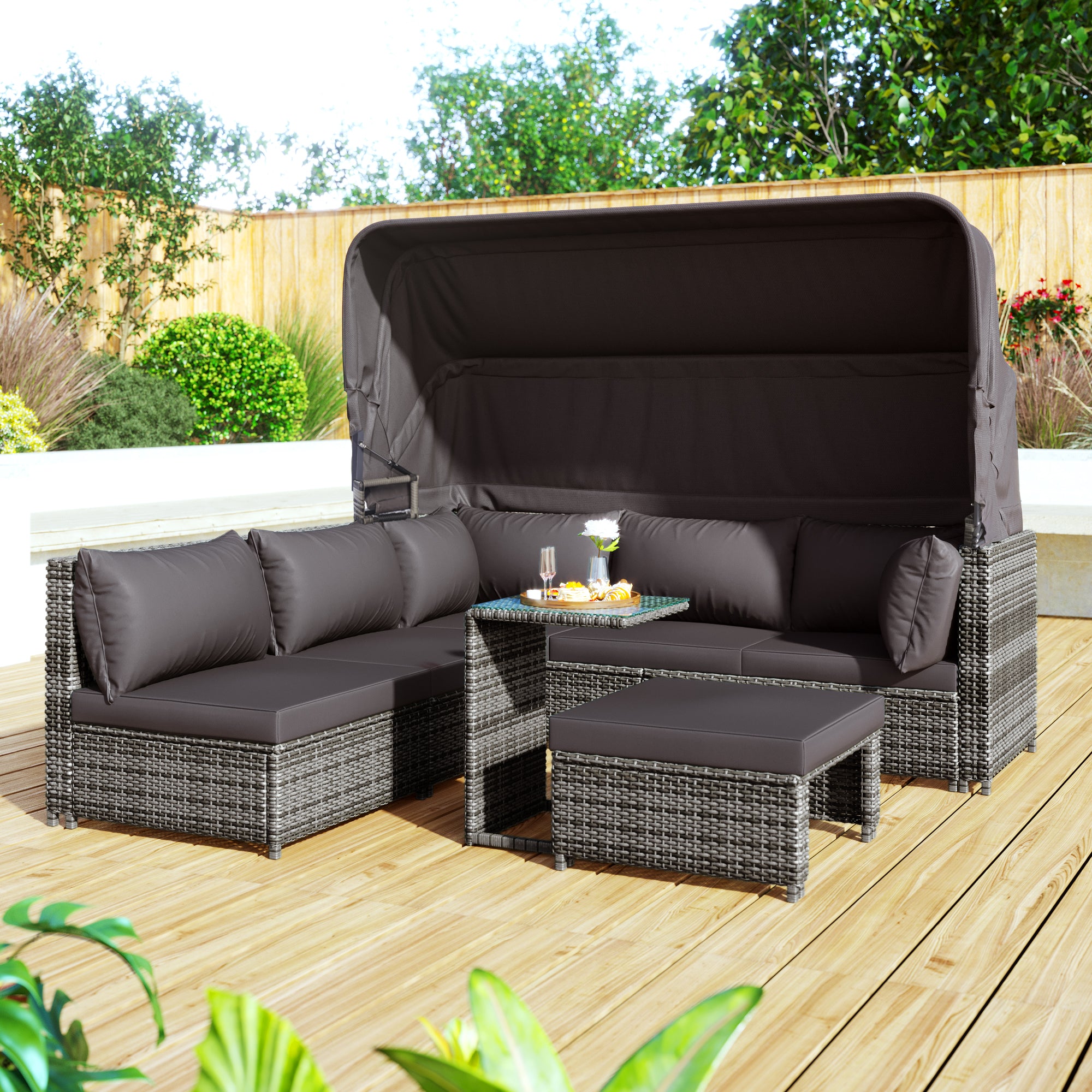 5-Piece Rattan Garden Furniture Set, Patio Lounge Set with Canopy, All Weather Wicker, Washable Cushions, Grey wicker + Grey cushions