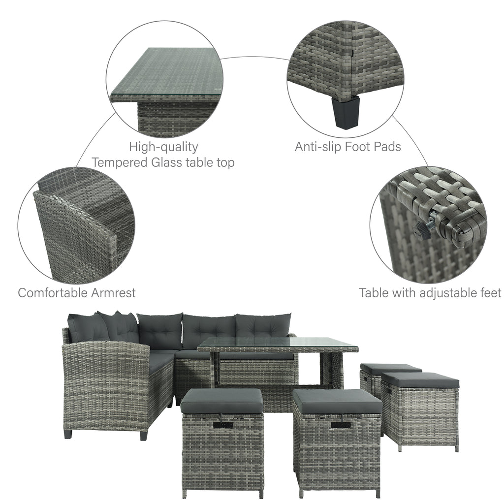 Patio Furniture Set, 8 Piece Patio Dining Sofa Set, All Weather Wicker Rattan Sofa with Dining Table & Chair & 4 Ottoman, Grey wicker + Grey cushions