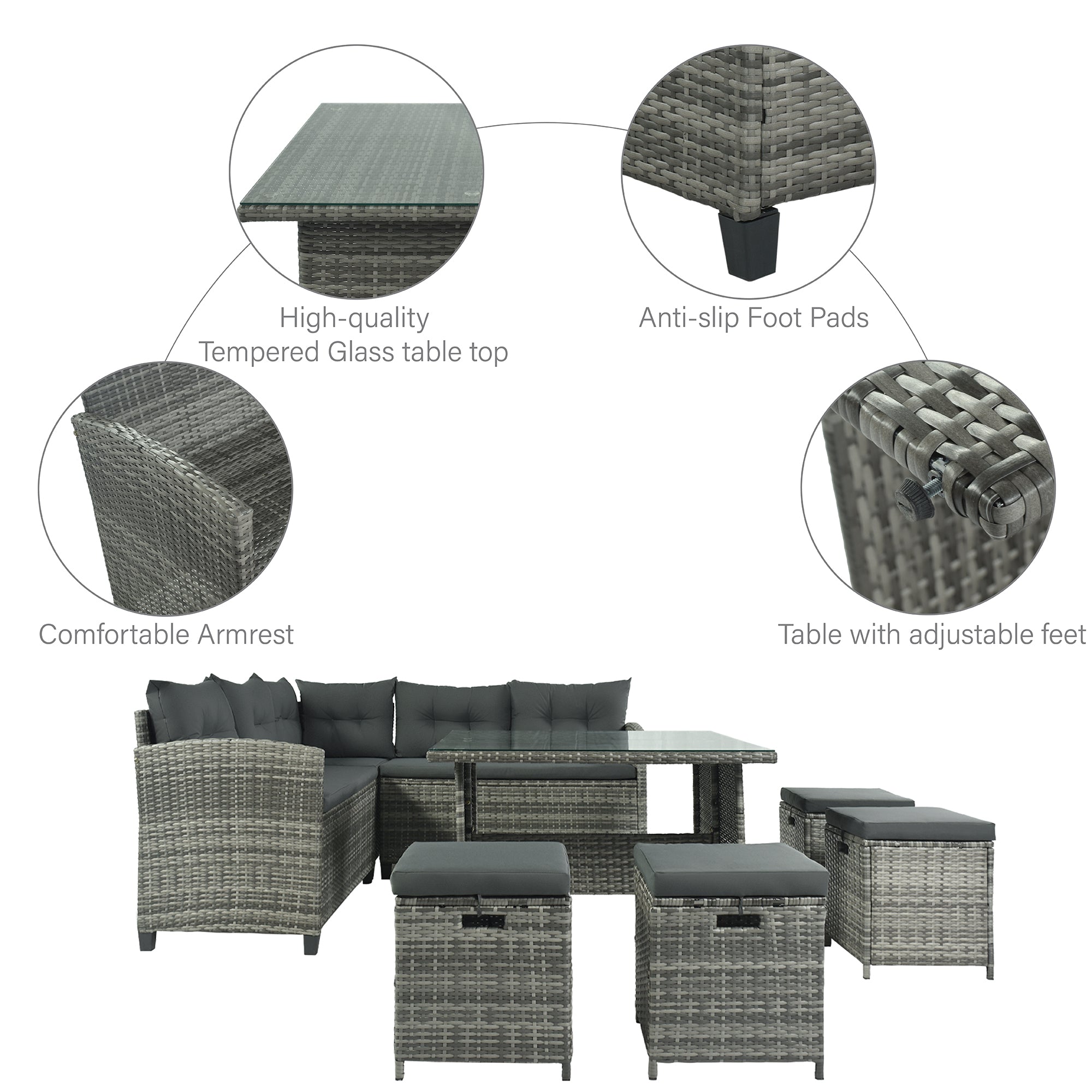 Patio Furniture Set, 8 Piece Patio Dining Sofa Set, All Weather Wicker Rattan Sofa with Dining Table & Chair & 4 Ottoman, Grey wicker + Grey cushions