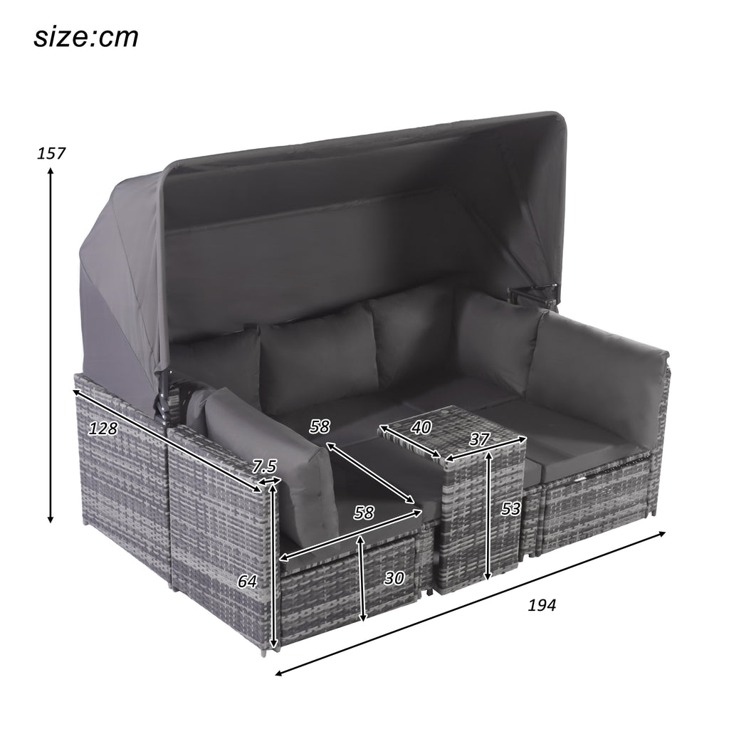5-Piece Rattan Garden Furniture Set, Patio Lounge Set with Canopy, All Weather Wicker, Washable Cushions, Grey wicker + Grey cushions