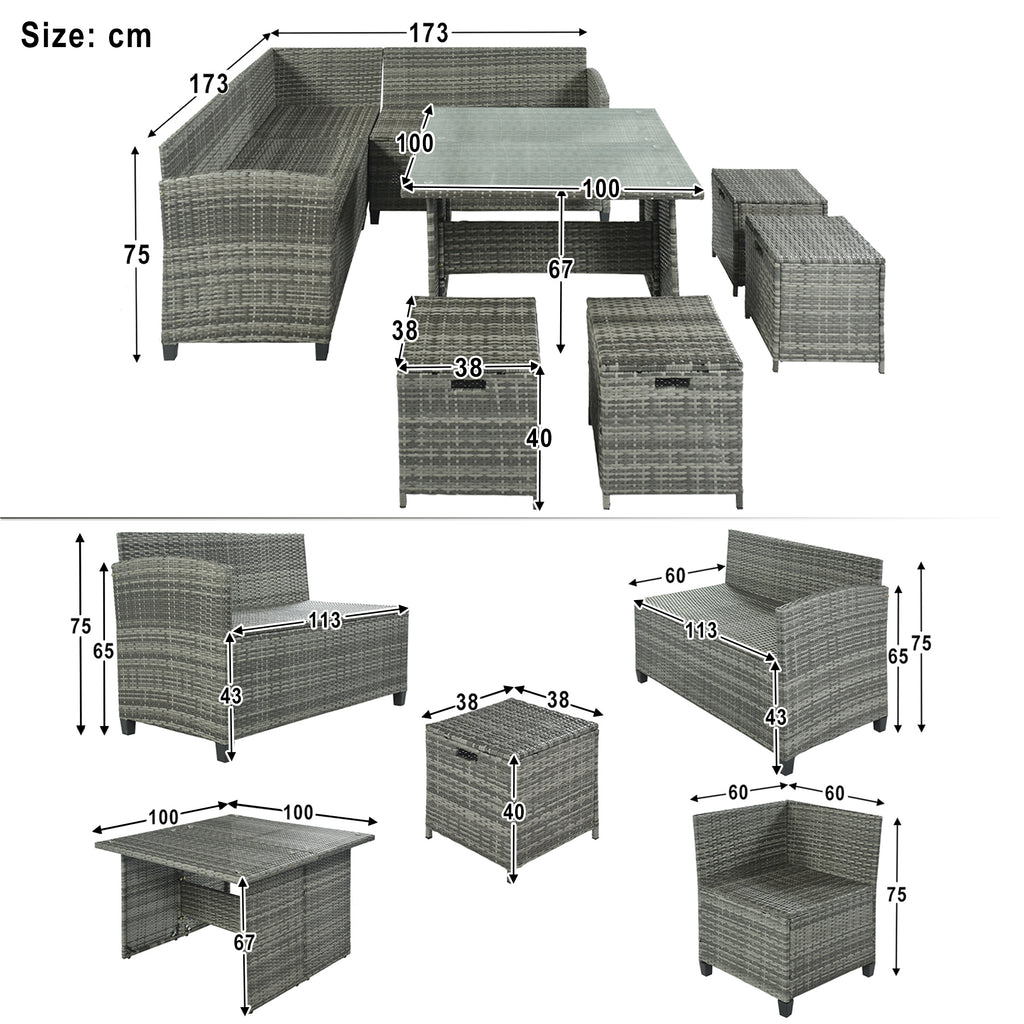 Patio Furniture Set, 8 Piece Patio Dining Sofa Set, All Weather Wicker Rattan Sofa with Dining Table & Chair & 4 Ottoman, Grey wicker + Beige cushions