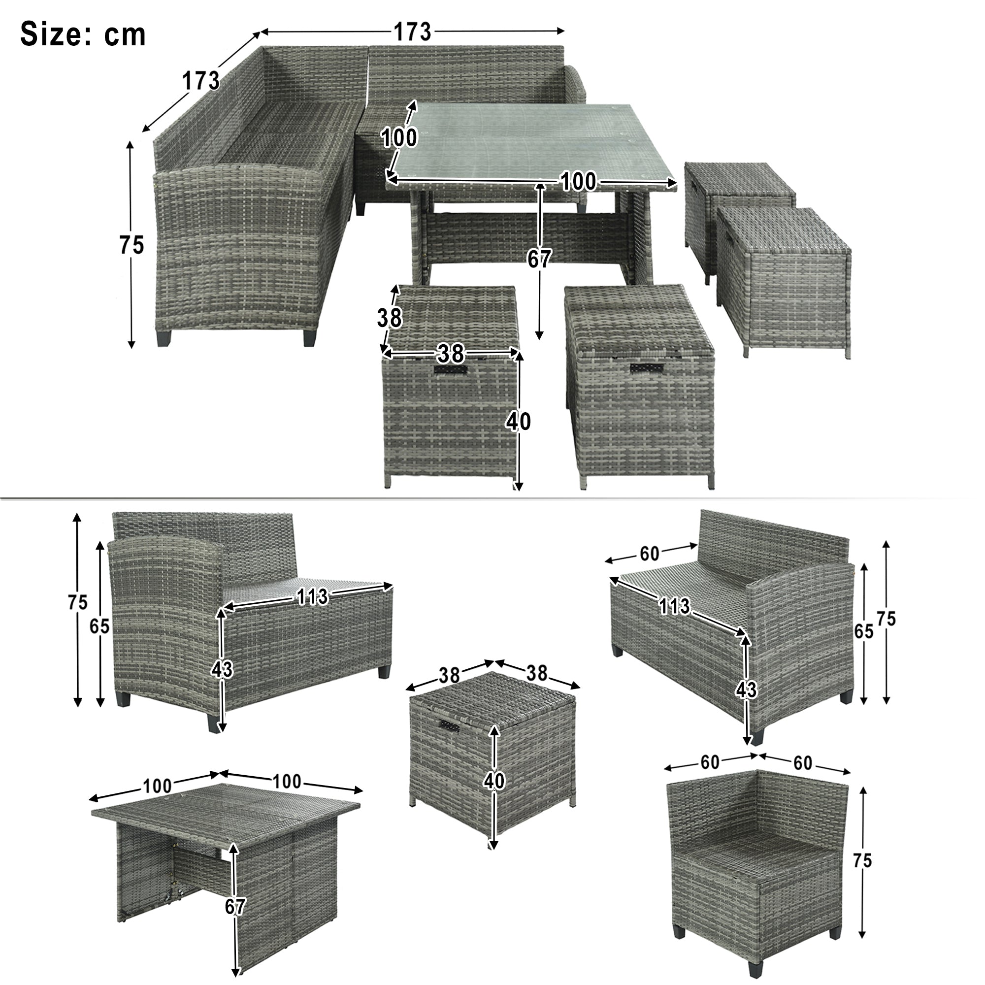 Patio Furniture Set, 8 Piece Patio Dining Sofa Set, All Weather Wicker Rattan Sofa with Dining Table & Chair & 4 Ottoman, Grey wicker + Beige cushions