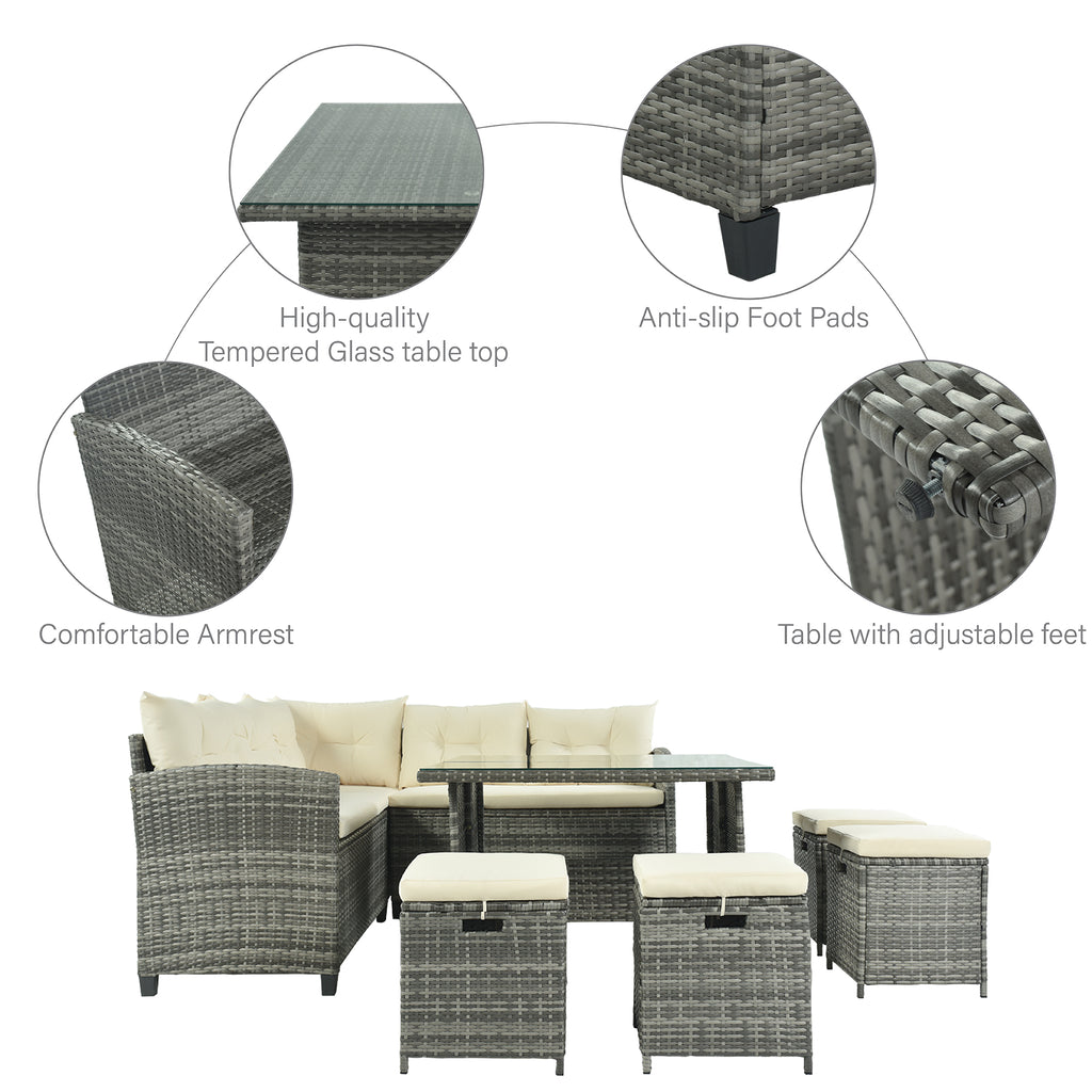 Patio Furniture Set, 8 Piece Patio Dining Sofa Set, All Weather Wicker Rattan Sofa with Dining Table & Chair & 4 Ottoman, Grey wicker + Beige cushions
