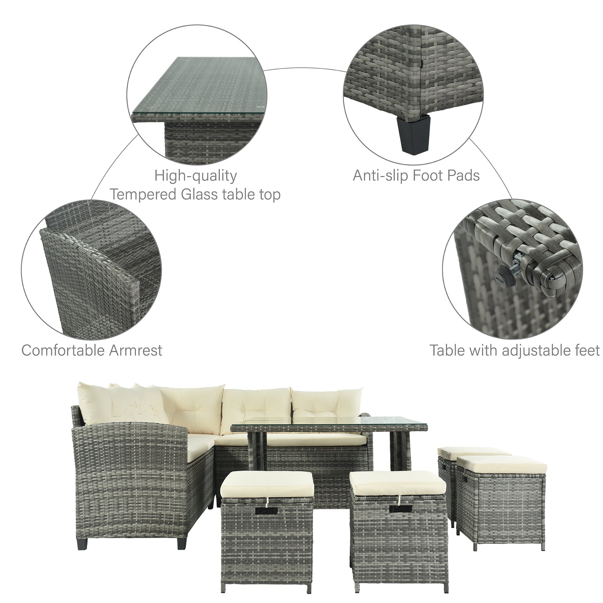 Patio Furniture Set, 8 Piece Patio Dining Sofa Set, All Weather Wicker Rattan Sofa with Dining Table & Chair & 4 Ottoman, Grey wicker + Beige cushions