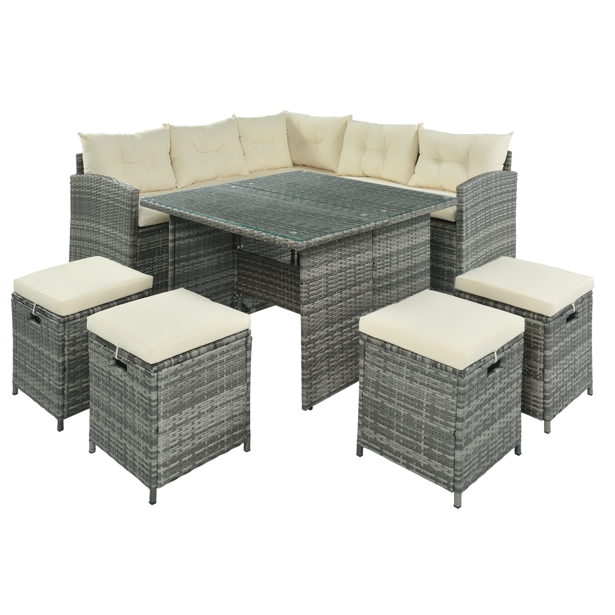 Patio Furniture Set, 8 Piece Patio Dining Sofa Set, All Weather Wicker Rattan Sofa with Dining Table & Chair & 4 Ottoman, Grey wicker + Beige cushions