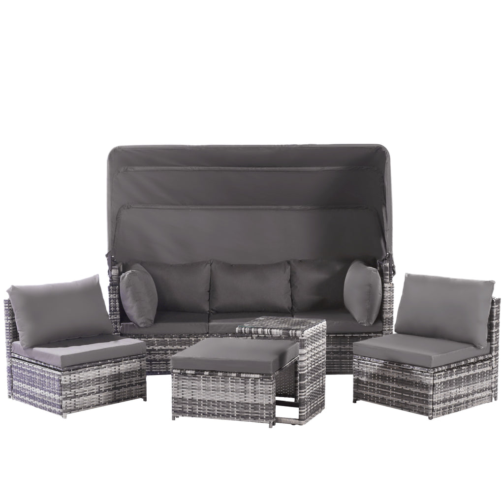 5-Piece Rattan Garden Furniture Set, Patio Lounge Set with Canopy, All Weather Wicker, Washable Cushions, Grey wicker + Grey cushions