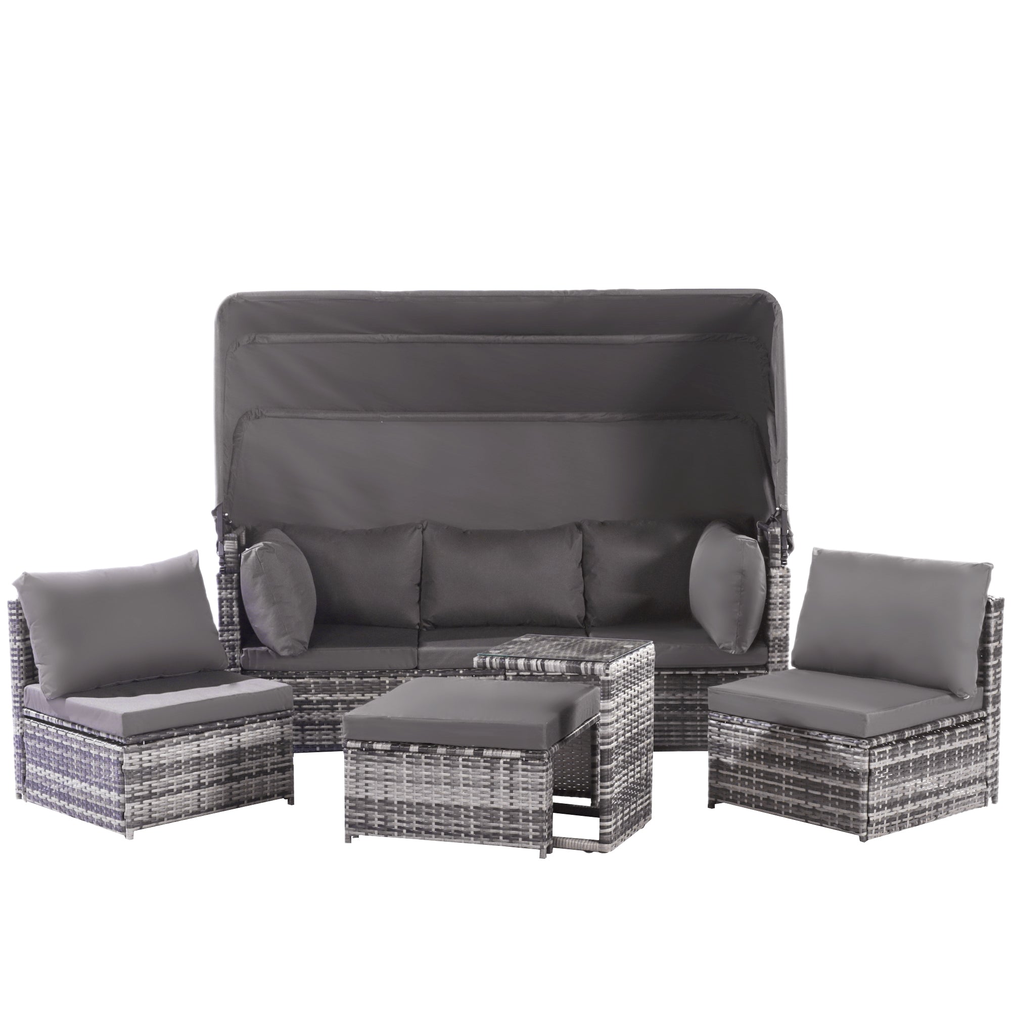 5-Piece Rattan Garden Furniture Set, Patio Lounge Set with Canopy, All Weather Wicker, Washable Cushions, Grey wicker + Grey cushions