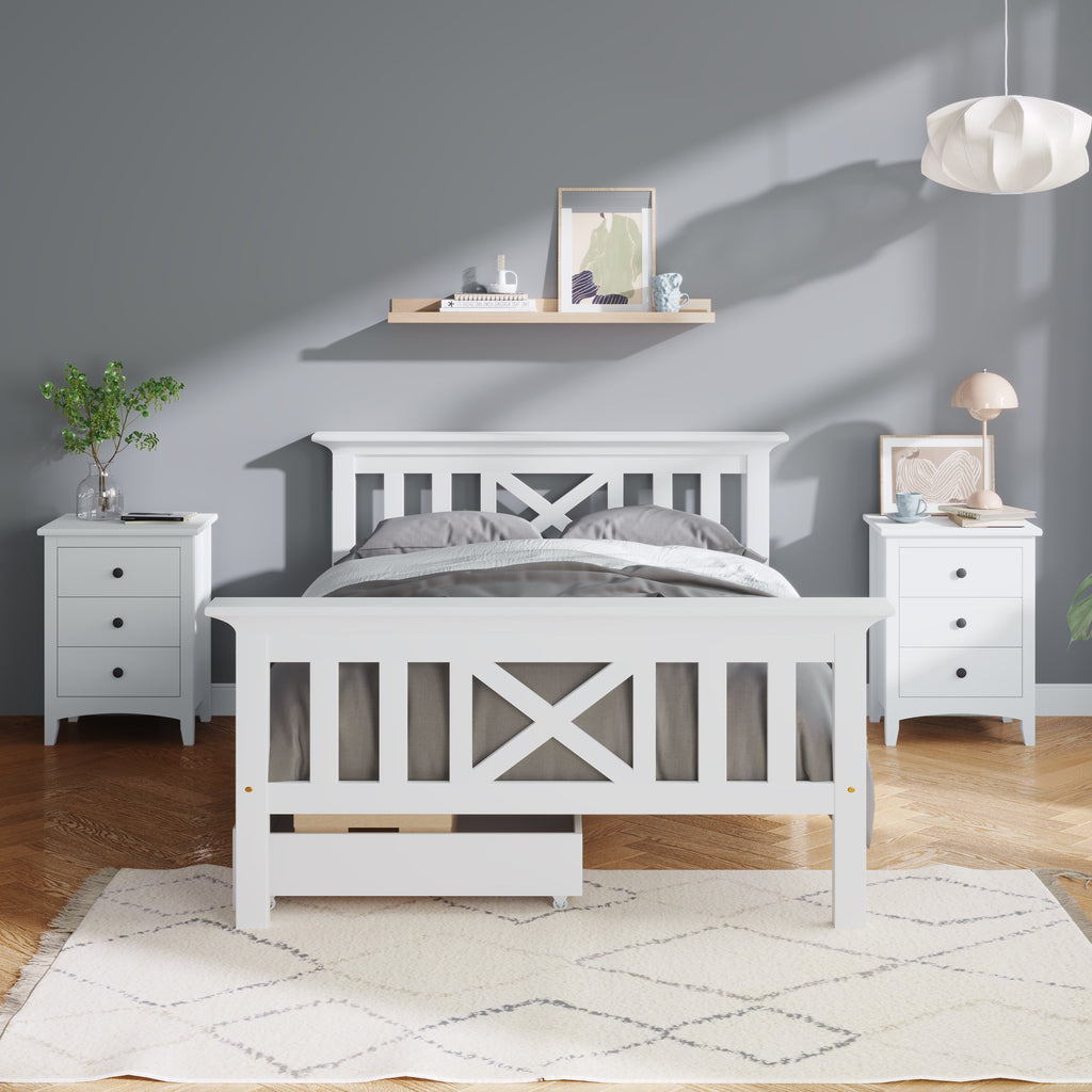Wooden Bed Frame with Drawers Single Storage Bed Solid Pine Wood,3FT Guest Bed For Adults, Kids, Teenagers (White 90x190cm)