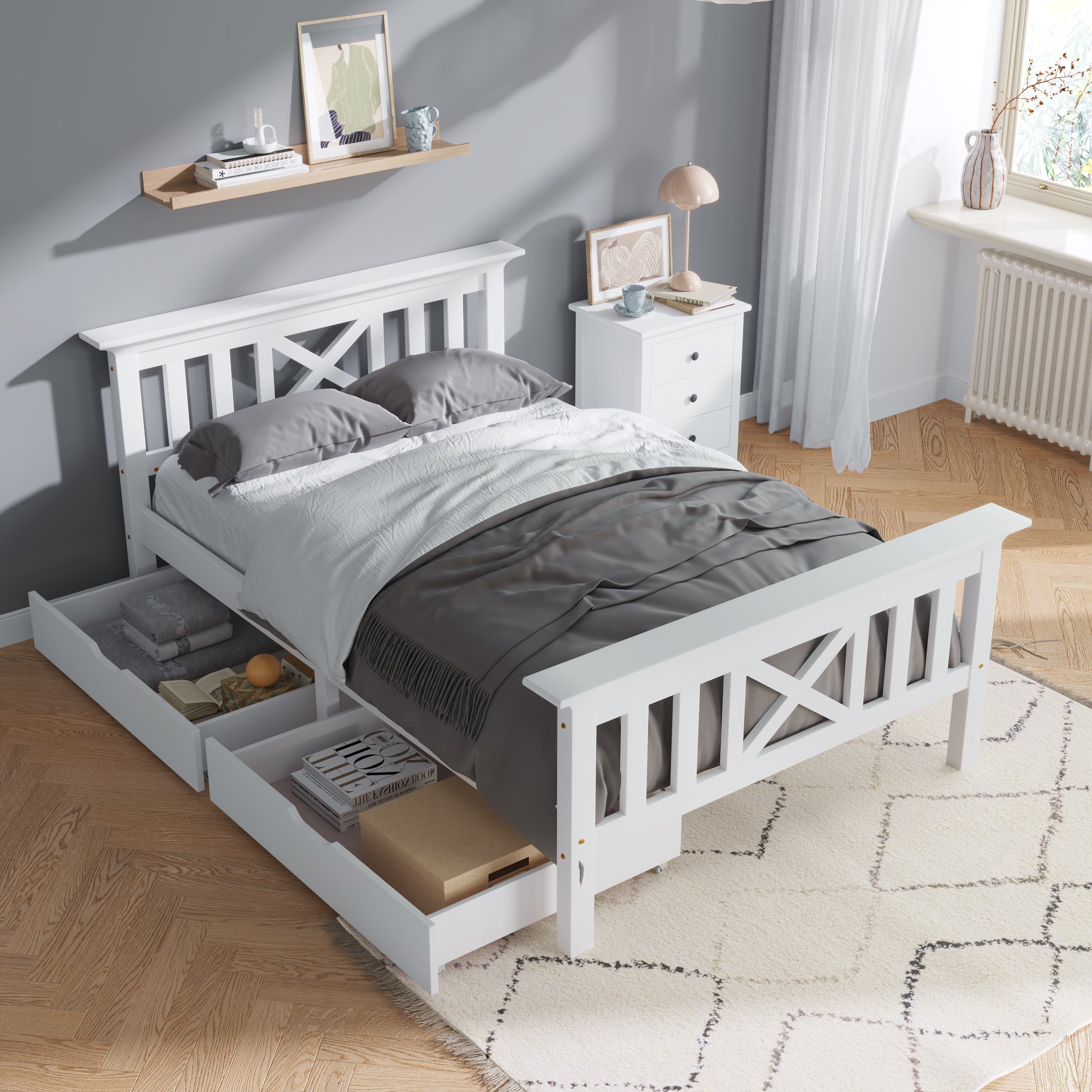 Wooden Bed Frame with Drawers Single Storage Bed Solid Pine Wood,3FT Guest Bed For Adults, Kids, Teenagers (White 90x190cm)