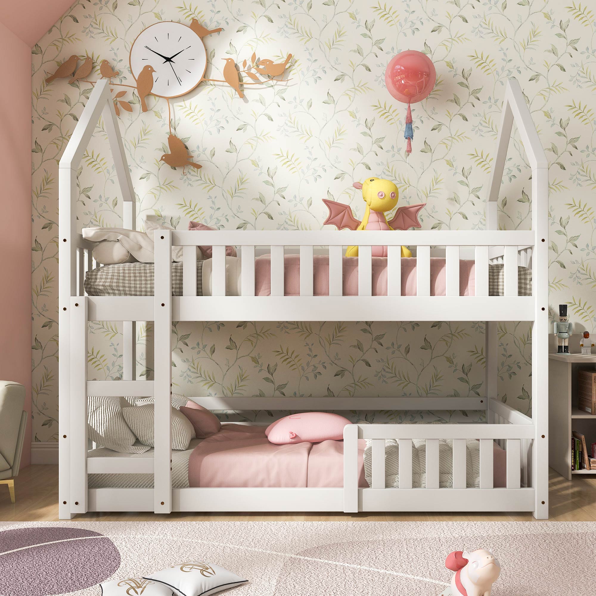 Bunk Bed, Twin Sleeper Bed with Ladder, Solid Wood Frame 3FT Single bed, Gaming Bed,  Castle-shaped Bed 90 x 190 cm Children's Bed room Furniture, Wooden Bed Frame for Kids Children (White)