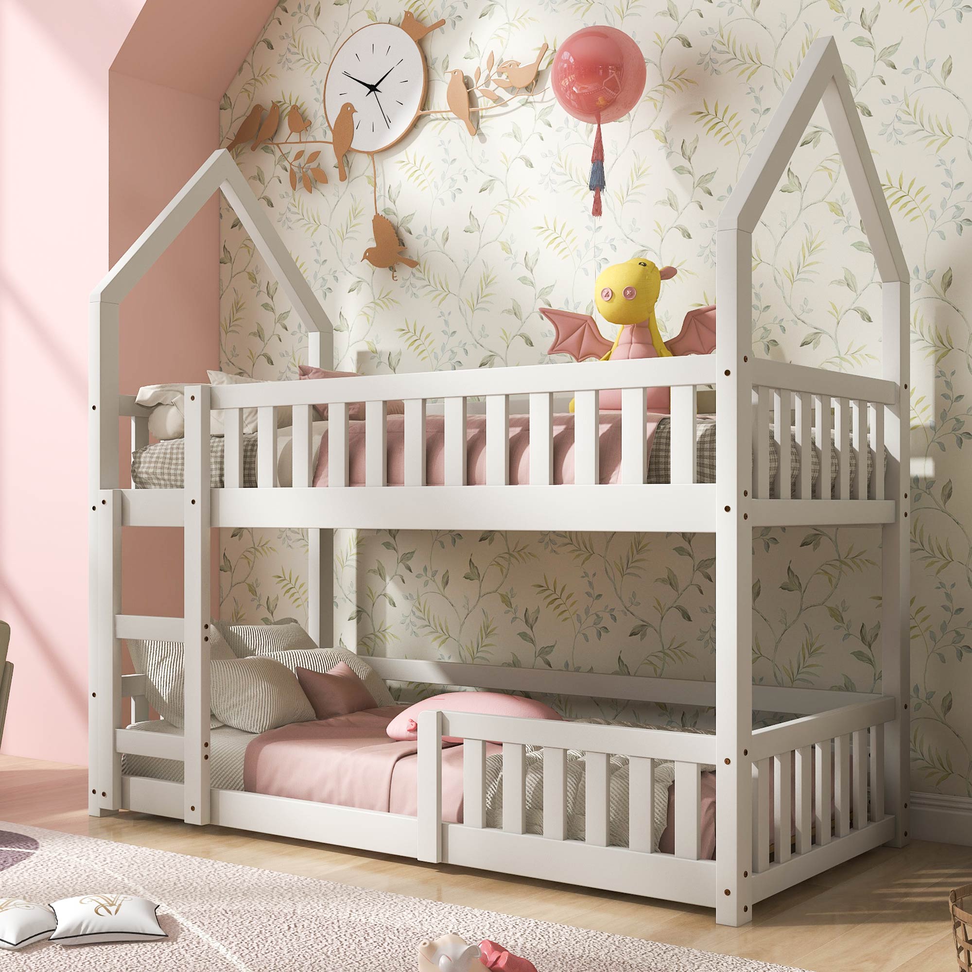 Bunk Bed, Twin Sleeper Bed with Ladder, Solid Wood Frame 3FT Single bed, Gaming Bed,  Castle-shaped Bed 90 x 190 cm Children's Bed room Furniture, Wooden Bed Frame for Kids Children (White)