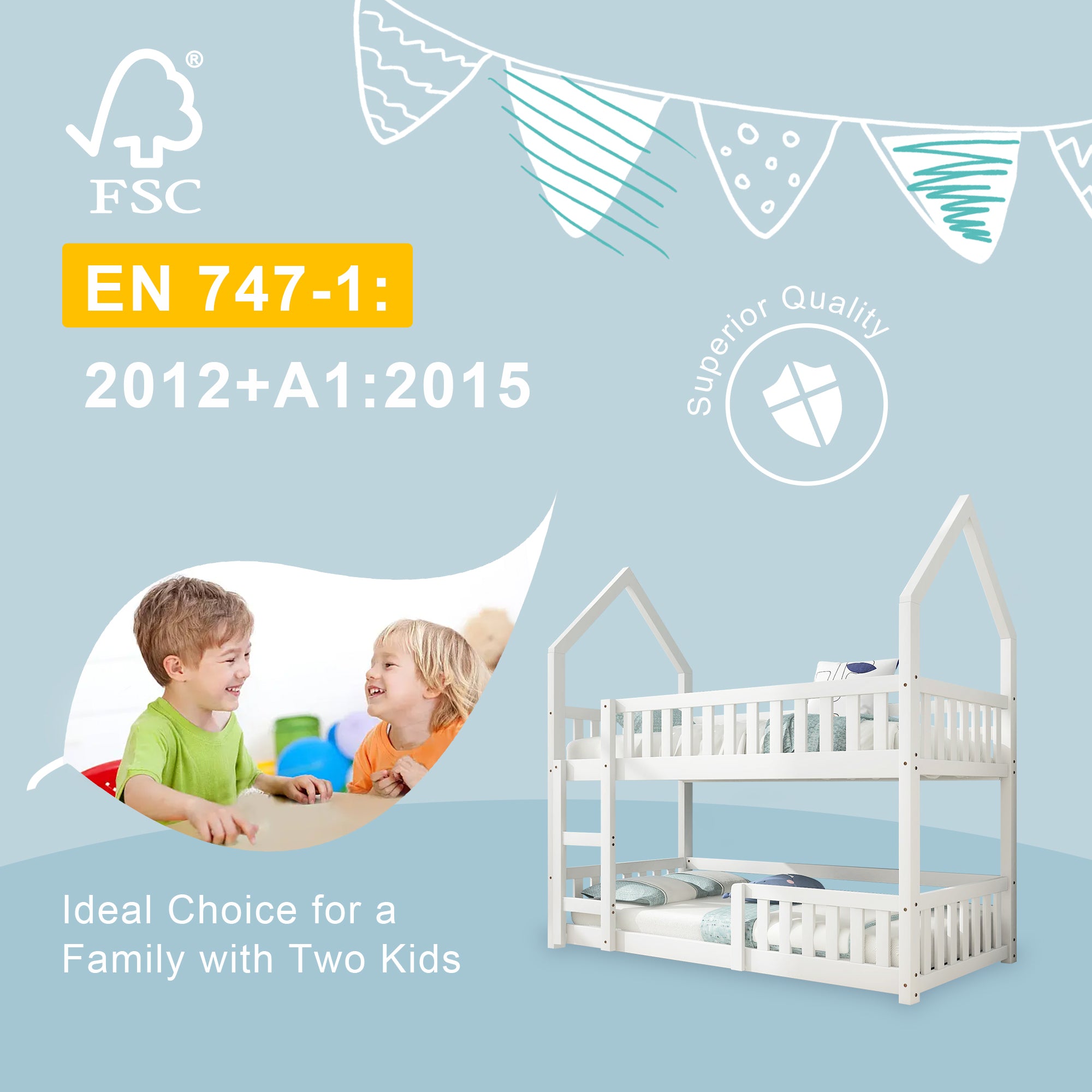 Bunk Bed, Twin Sleeper Bed with Ladder, Solid Wood Frame 3FT Single bed, Gaming Bed,  Castle-shaped Bed 90 x 190 cm Children's Bed room Furniture, Wooden Bed Frame for Kids Children (White)