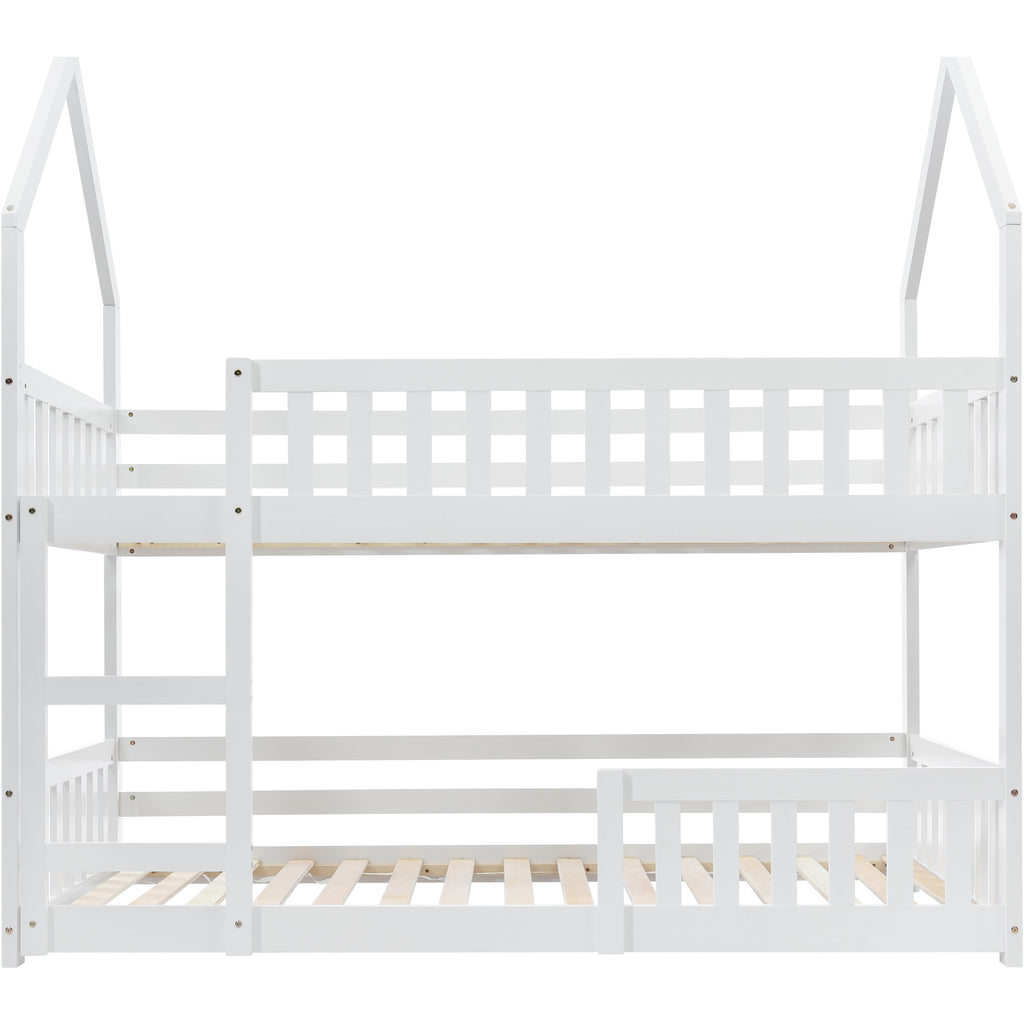 Bunk Bed, Twin Sleeper Bed with Ladder, Solid Wood Frame 3FT Single bed, Gaming Bed,  Castle-shaped Bed 90 x 190 cm Children's Bed room Furniture, Wooden Bed Frame for Kids Children (White)