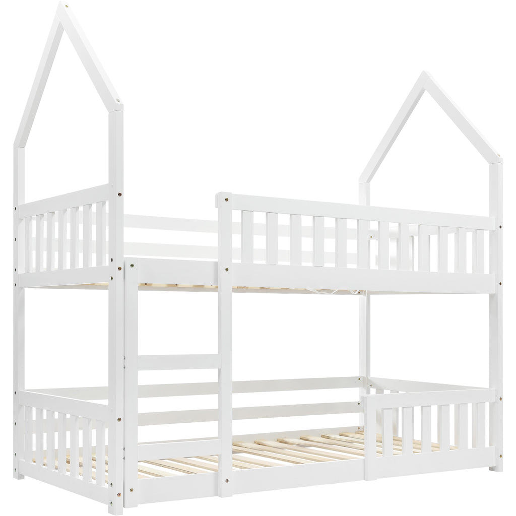 Bunk Bed, Twin Sleeper Bed with Ladder, Solid Wood Frame 3FT Single bed, Gaming Bed,  Castle-shaped Bed 90 x 190 cm Children's Bed room Furniture, Wooden Bed Frame for Kids Children (White)