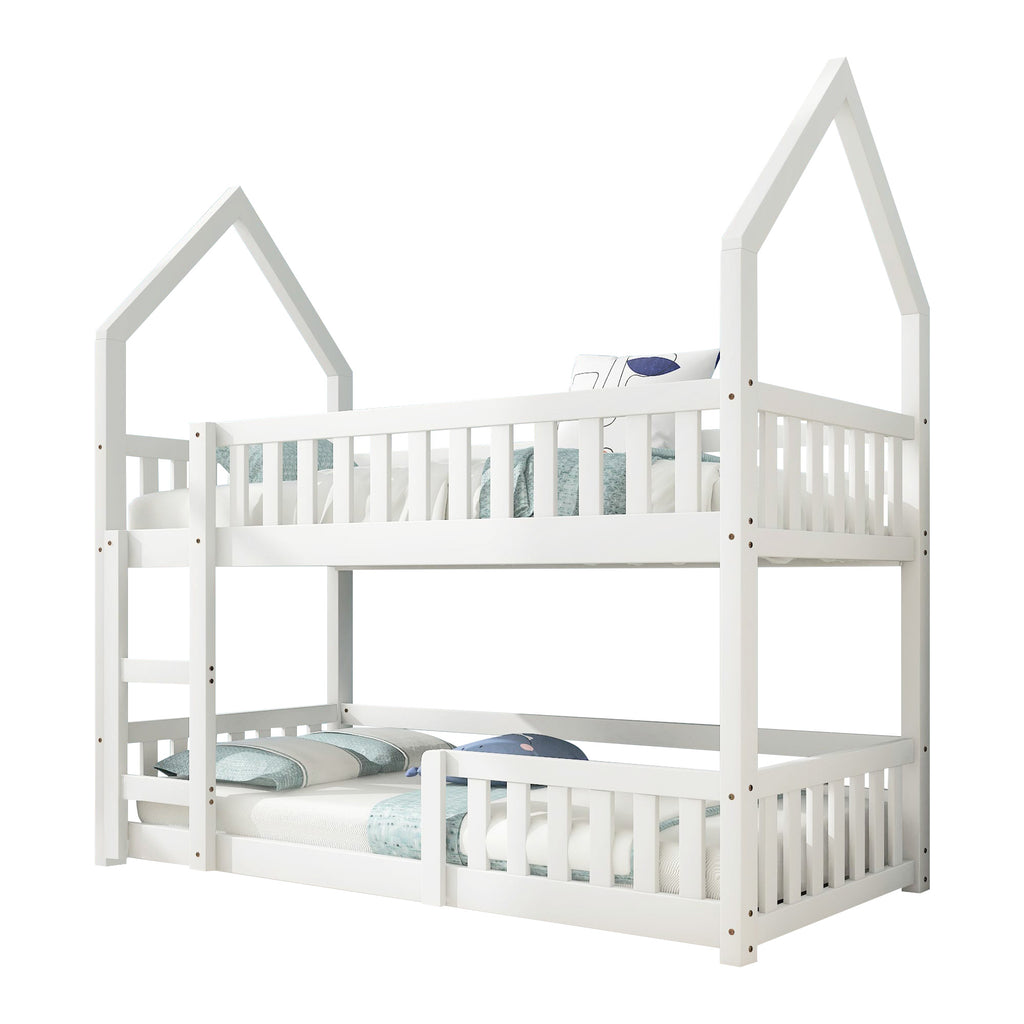 Bunk Bed, Twin Sleeper Bed with Ladder, Solid Wood Frame 3FT Single bed, Gaming Bed,  Castle-shaped Bed 90 x 190 cm Children's Bed room Furniture, Wooden Bed Frame for Kids Children (White)
