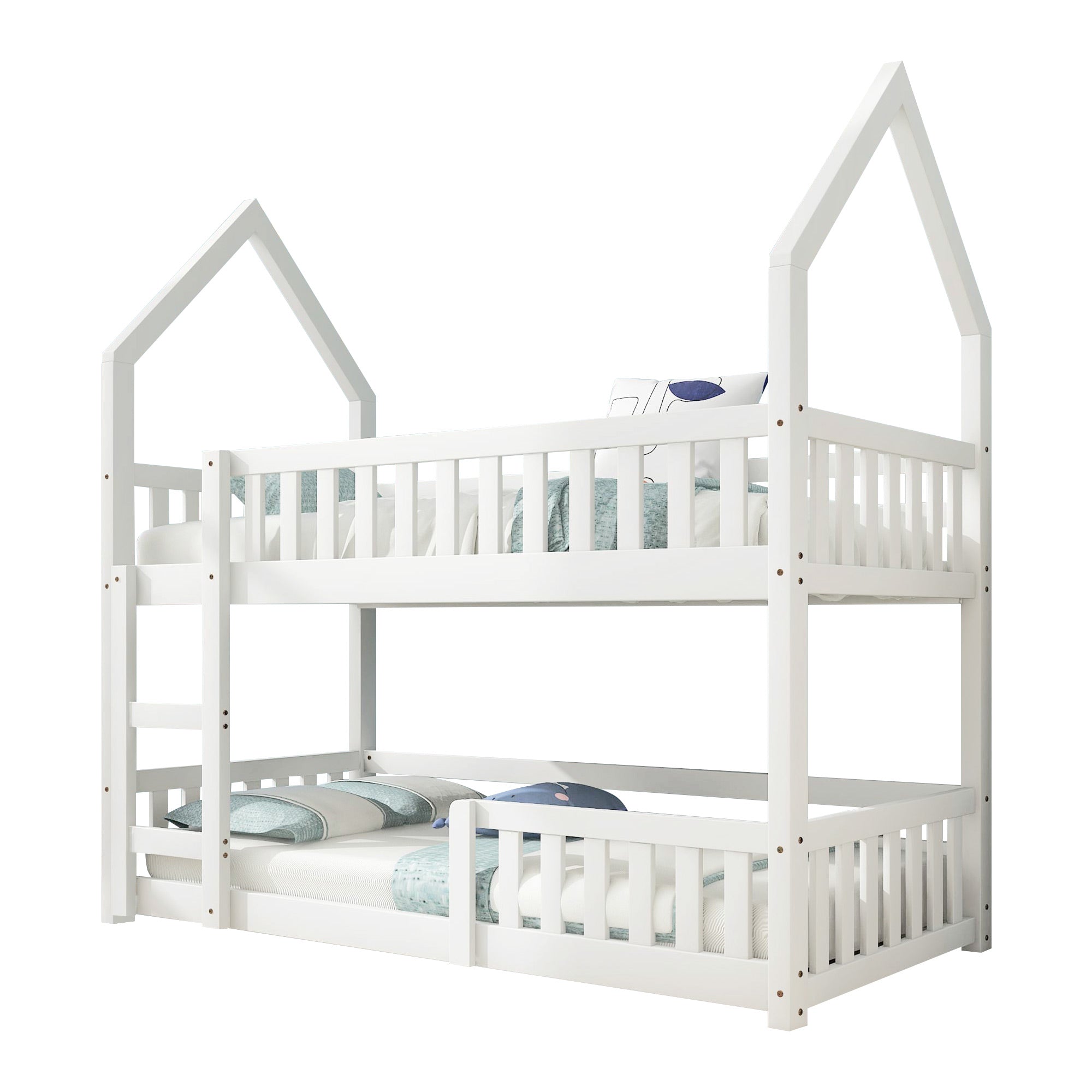 Bunk Bed, Twin Sleeper Bed with Ladder, Solid Wood Frame 3FT Single bed, Gaming Bed,  Castle-shaped Bed 90 x 190 cm Children's Bed room Furniture, Wooden Bed Frame for Kids Children (White)