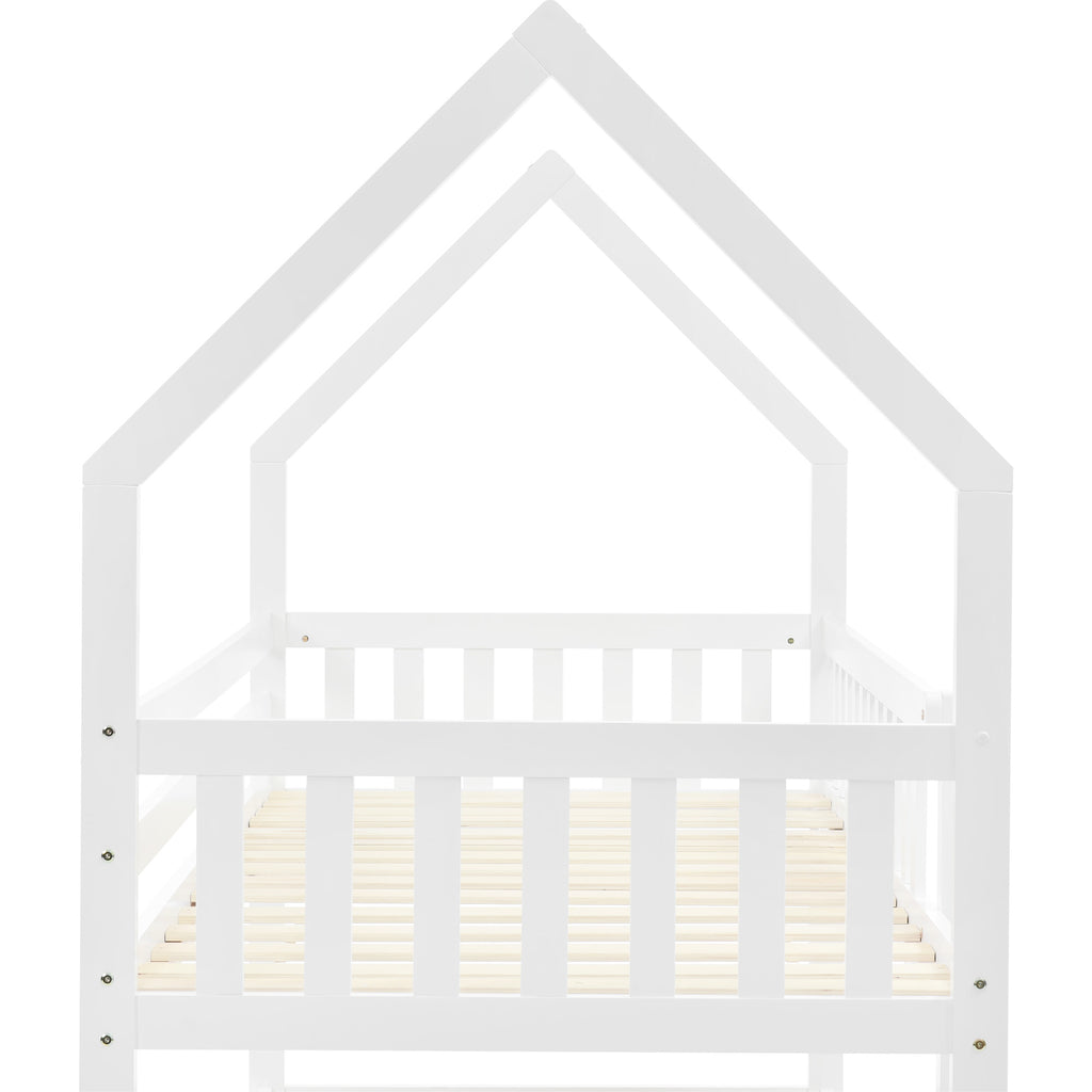Bunk Bed, Twin Sleeper Bed with Ladder, Solid Wood Frame 3FT Single bed, Gaming Bed,  Castle-shaped Bed 90 x 190 cm Children's Bed room Furniture, Wooden Bed Frame for Kids Children (White)