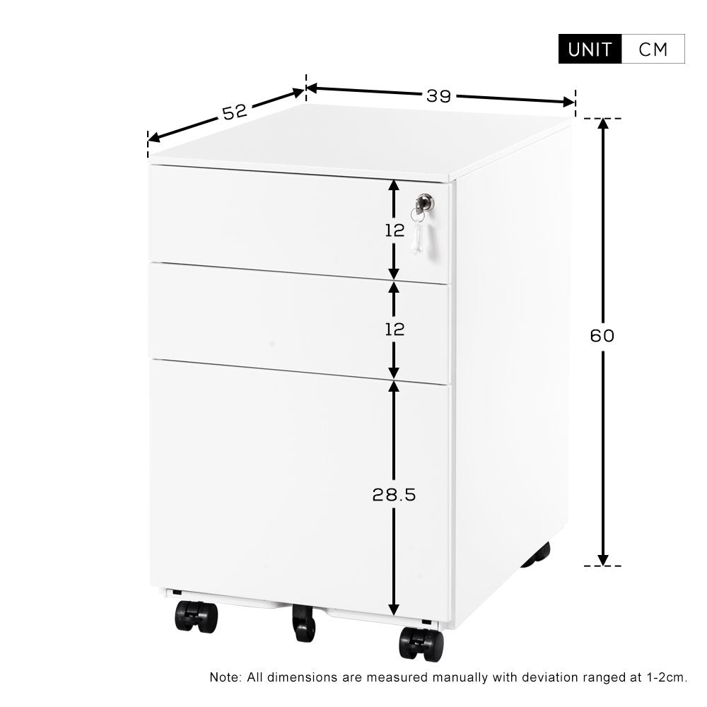 3 Drawers 5 Wheels Mobile File Cabinet Filing Pedestal Lockable Storage for A4 Metal Solid Pedestal with Keys