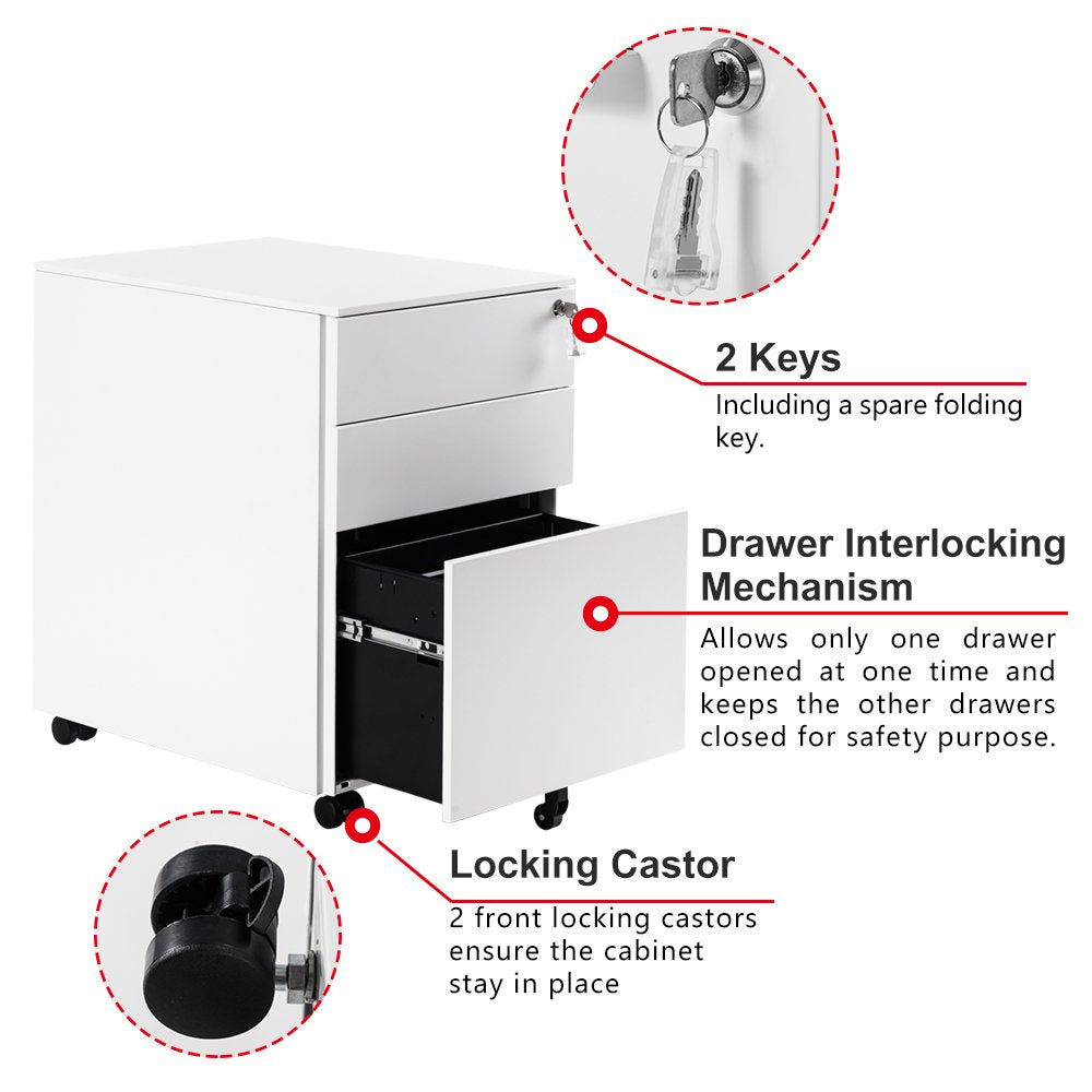 3 Drawers 5 Wheels Mobile File Cabinet Filing Pedestal Lockable Storage for A4 Metal Solid Pedestal with Keys