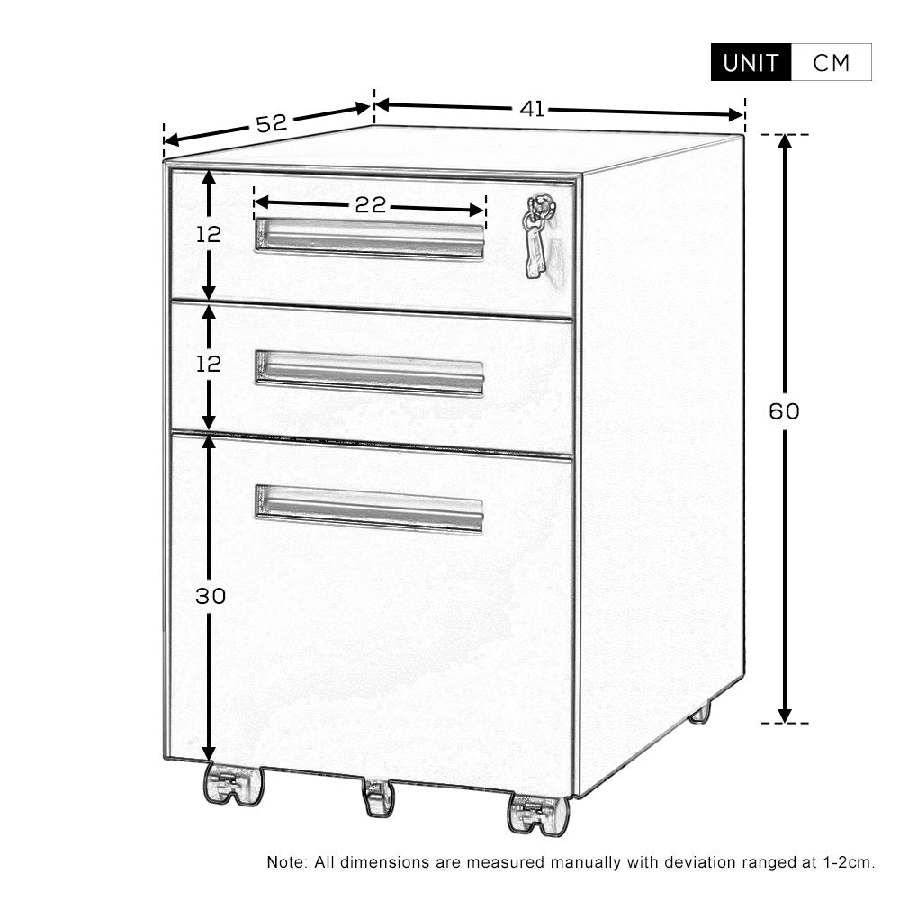 3 Drawer Steel Metal Filing Cabinet with Embedded Handle and Lock (Black)