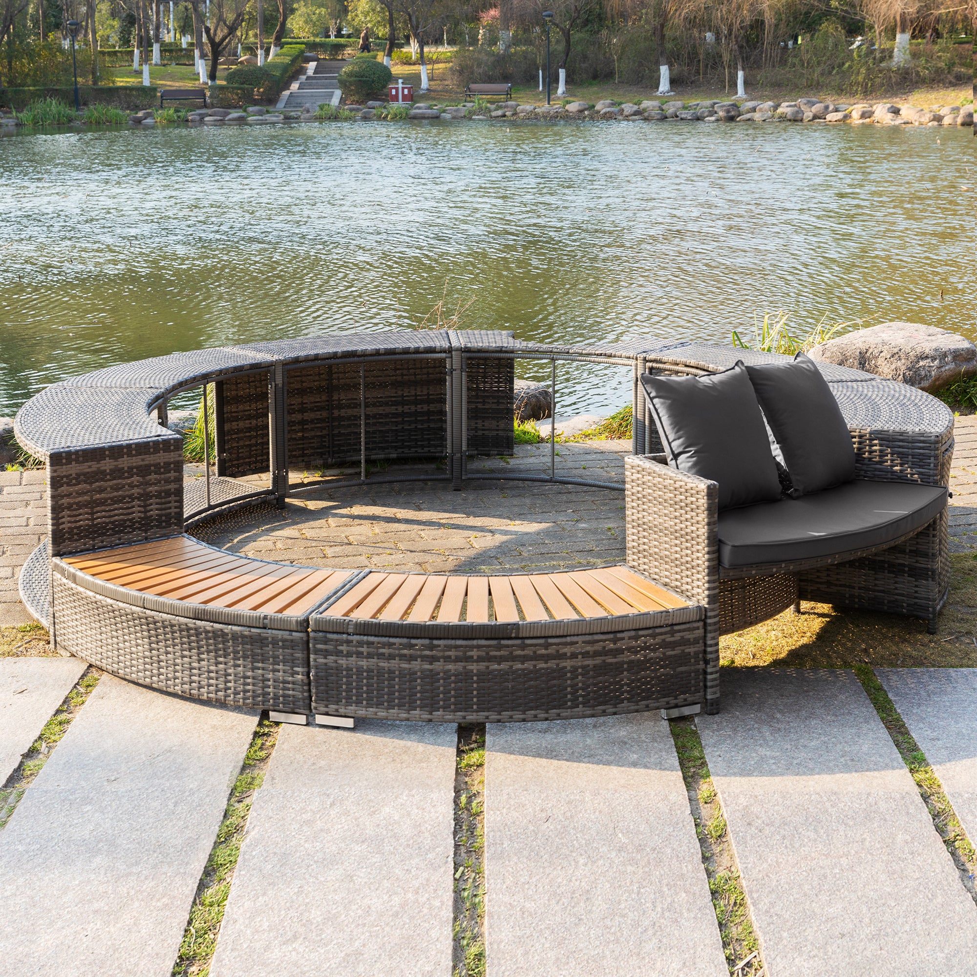 Spa Surround Home Garden Outdoor Patio Lawn Yard Pool Spa Accessory Storage Modern Hot Tropical Tub Surround with seat Grey Poly Rattan