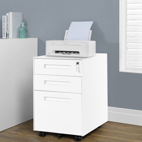 3 Drawer File Cabinet Filing Pedestal Metal Solid Mobile with Keys, Fully Assembled Except Casters (White)