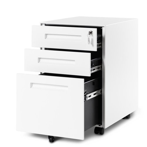 3 Drawer File Cabinet Filing Pedestal Metal Solid Mobile with Keys, Fully Assembled Except Casters (White)