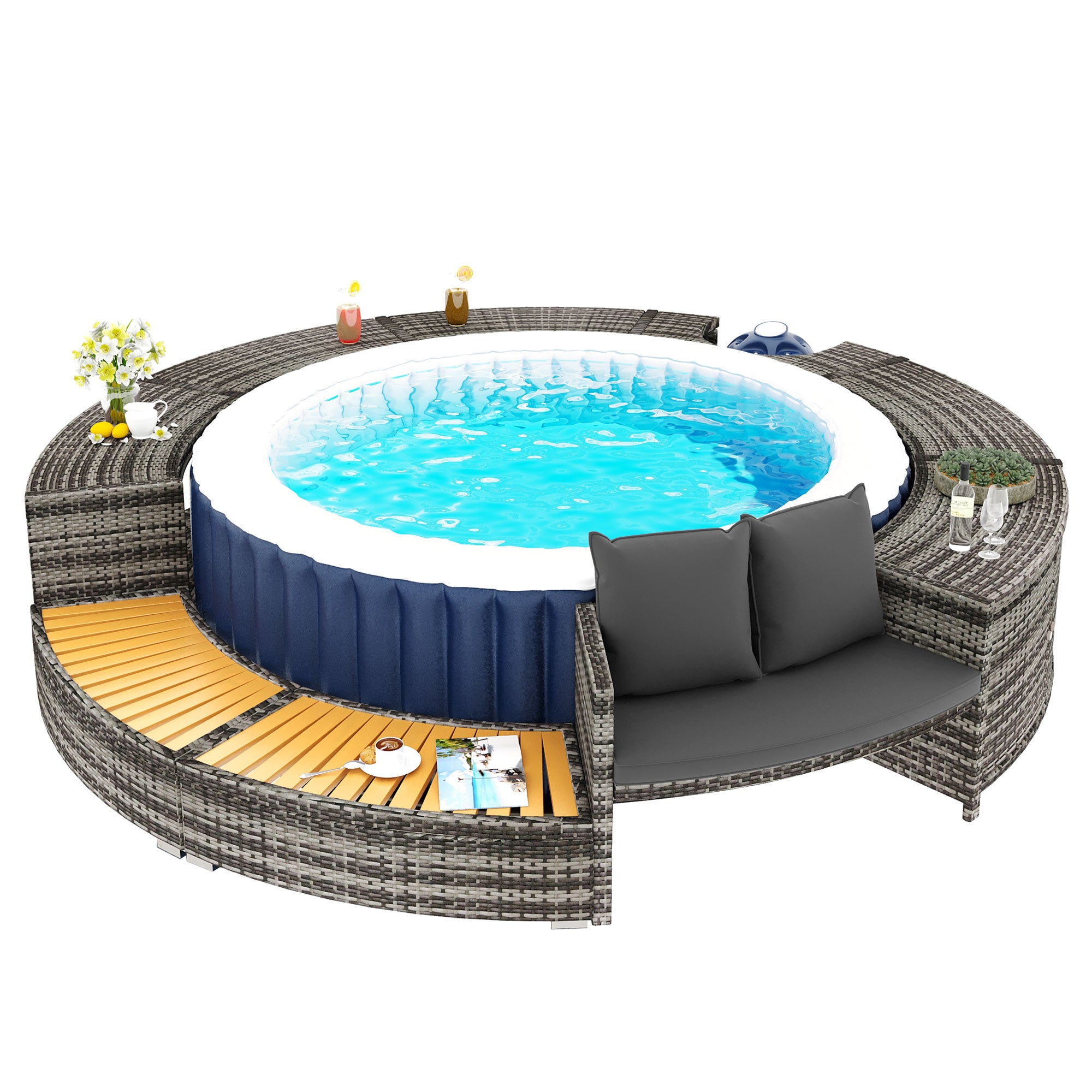 Spa Surround Home Garden Outdoor Patio Lawn Yard Pool Spa Accessory Storage Modern Hot Tropical Tub Surround with seat Grey Poly Rattan