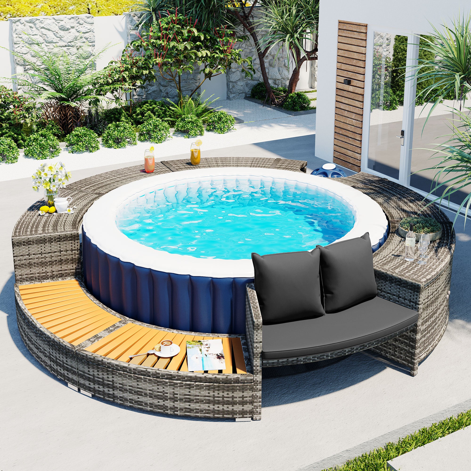 Spa Surround Home Garden Outdoor Patio Lawn Yard Pool Spa Accessory Storage Modern Hot Tropical Tub Surround with seat Grey Poly Rattan