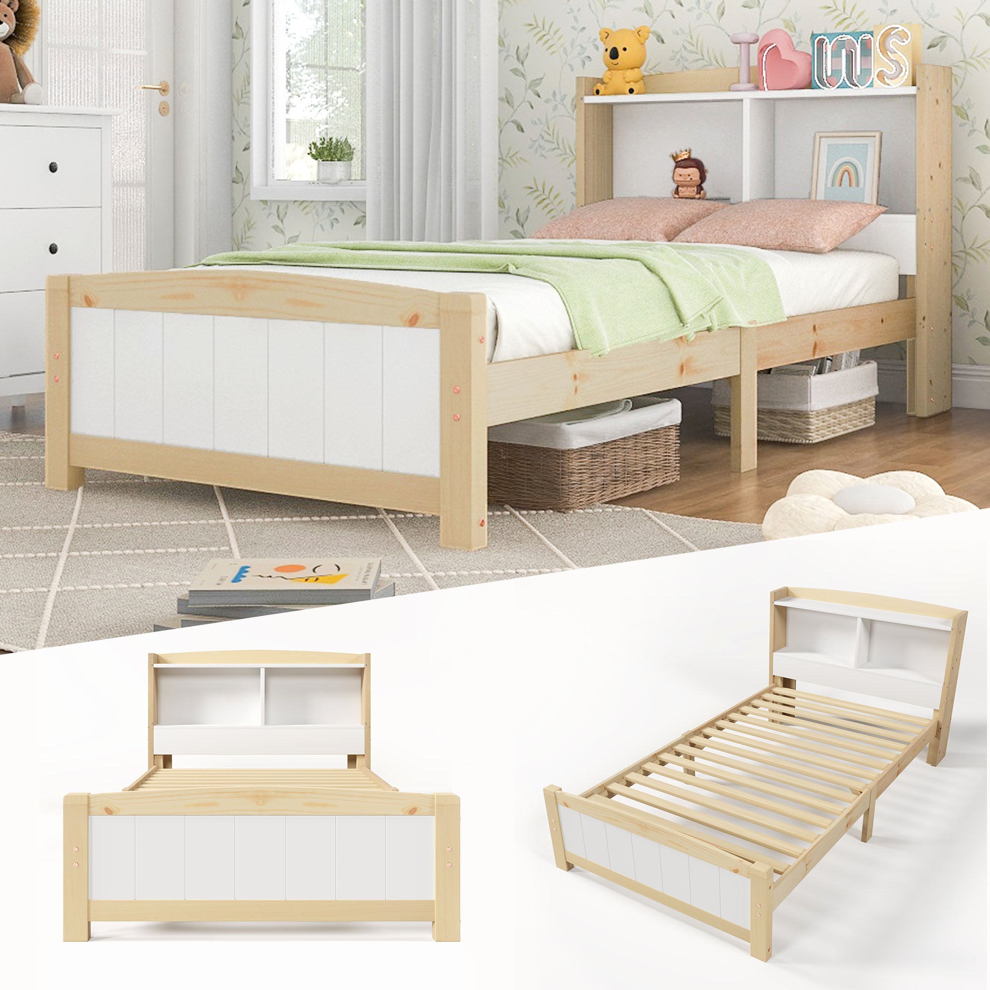 Solid Wooden Bed Frames, Single Storage Headboard Bed, 3FT Single (90 x 190 cm) Frame Only
