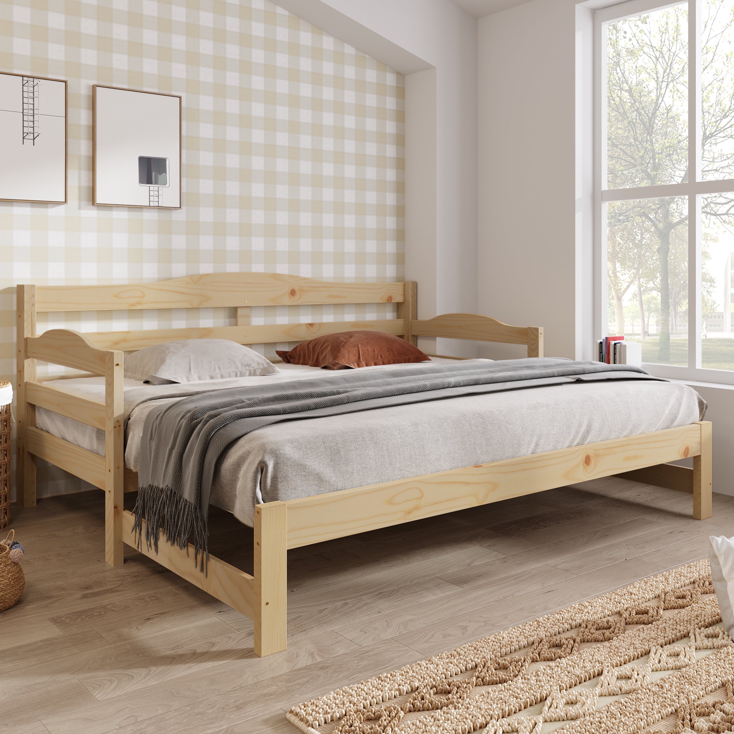 3FT Daybed Cabin Bed Single Guest Bed Sofa Bed, Pull out Trundle for Living Room and Bedroom, 90 x 190 cm, Natural