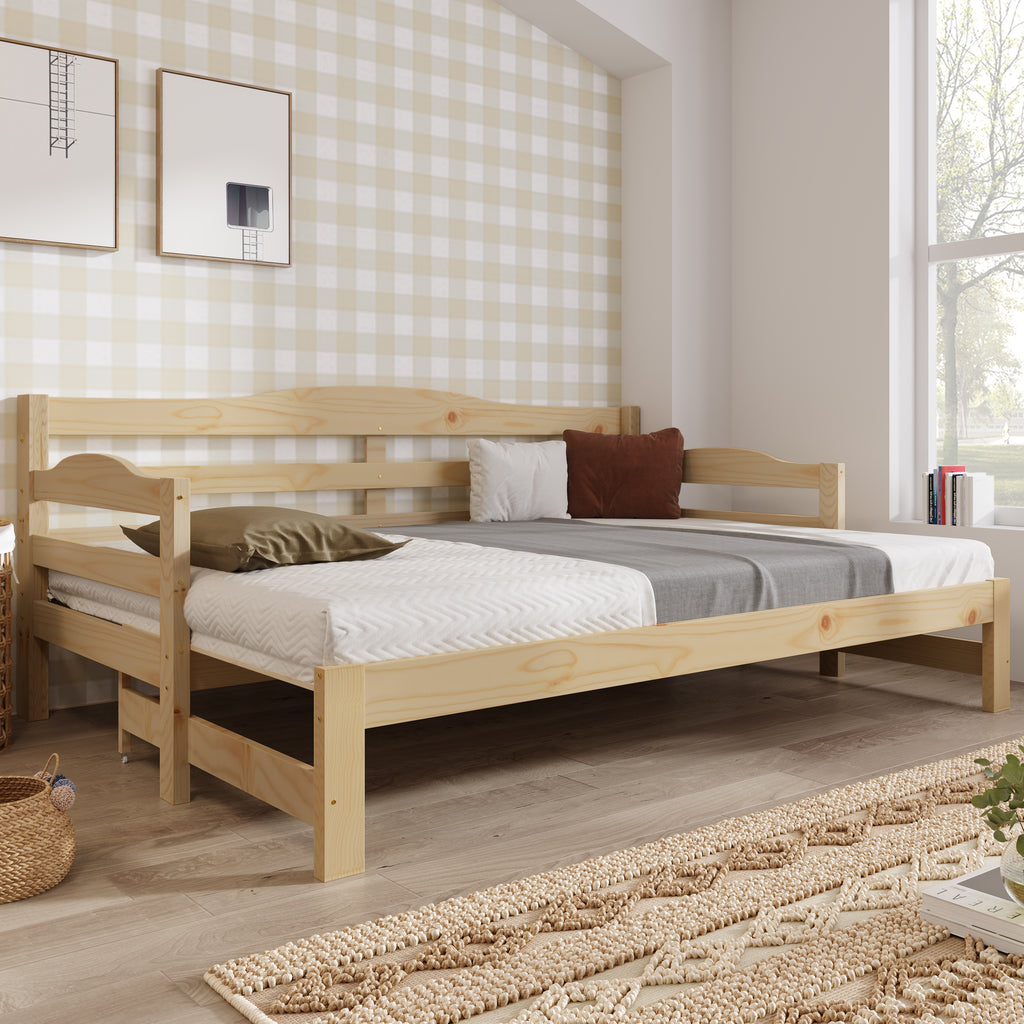 3FT Daybed Cabin Bed Single Guest Bed Sofa Bed, Pull out Trundle for Living Room and Bedroom, 90 x 190 cm, Natural