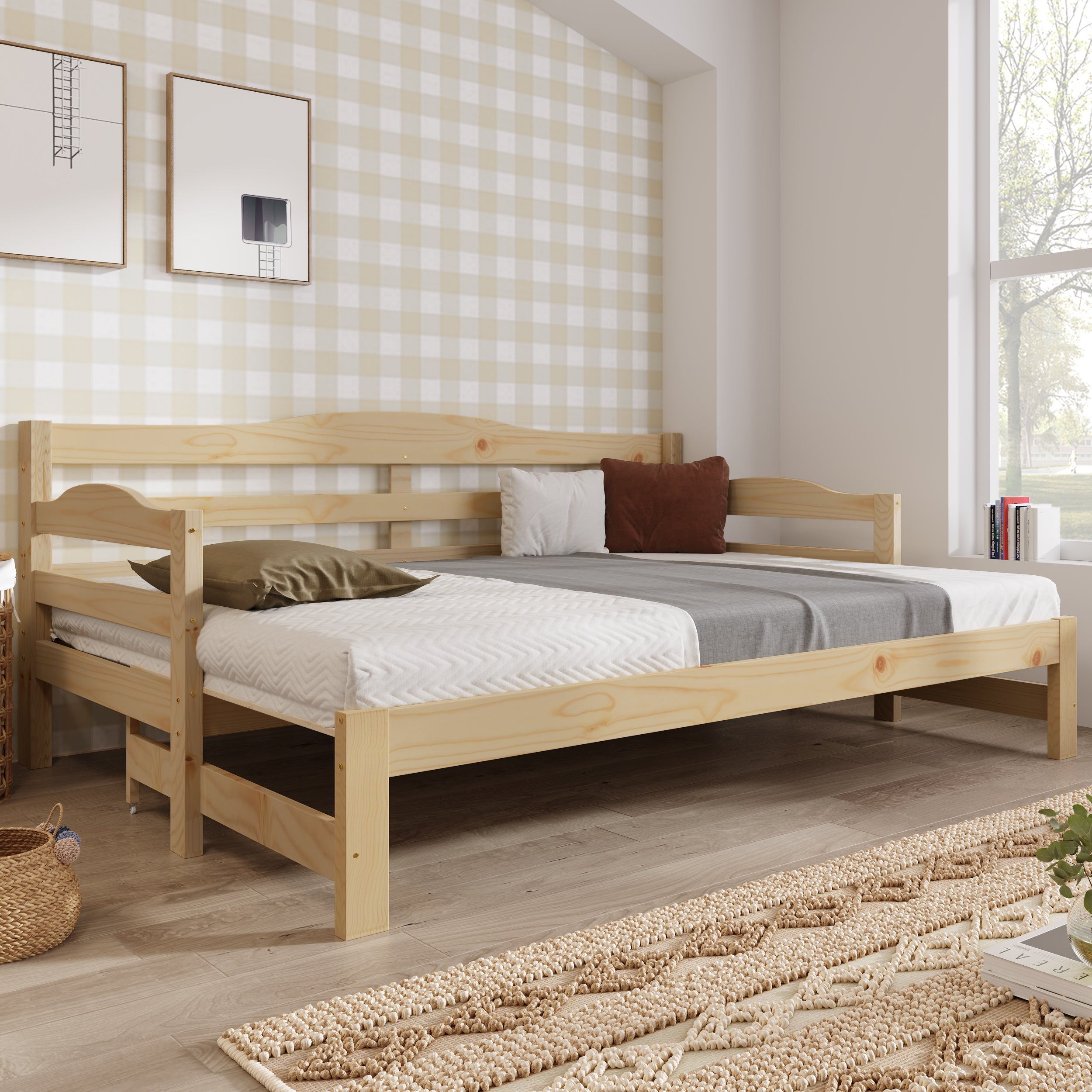 3FT Daybed Cabin Bed Single Guest Bed Sofa Bed, Pull out Trundle for Living Room and Bedroom, 90 x 190 cm, Natural