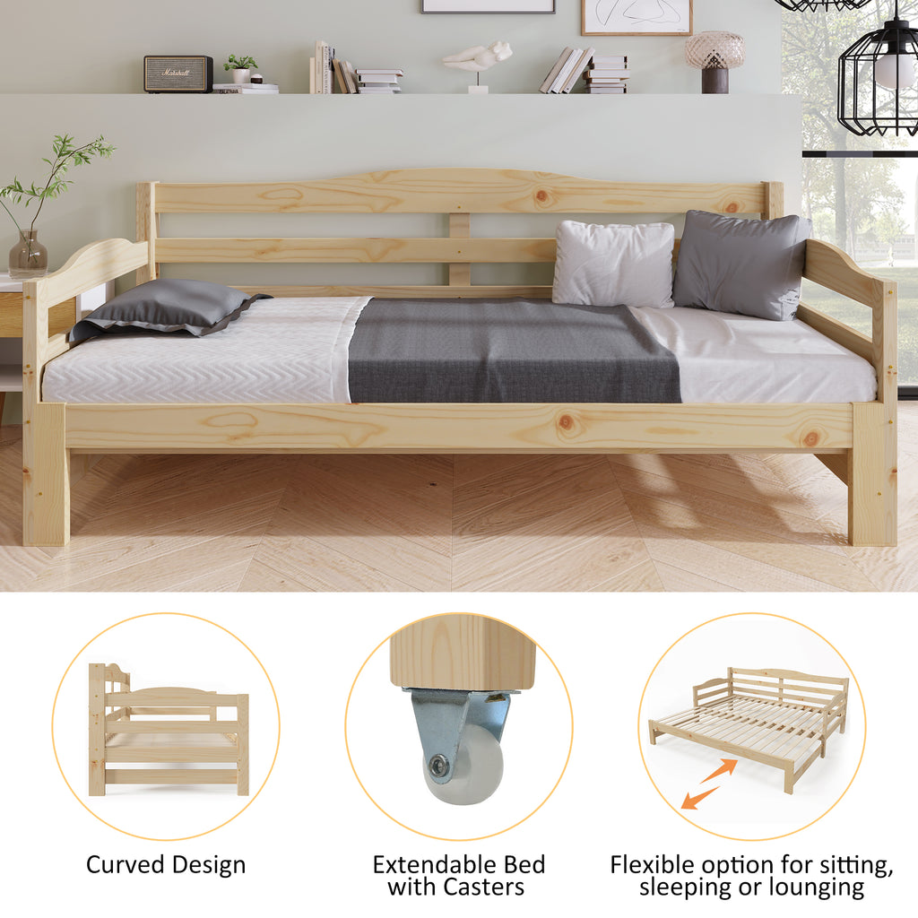 3FT Daybed Cabin Bed Single Guest Bed Sofa Bed, Pull out Trundle for Living Room and Bedroom, 90 x 190 cm, Natural