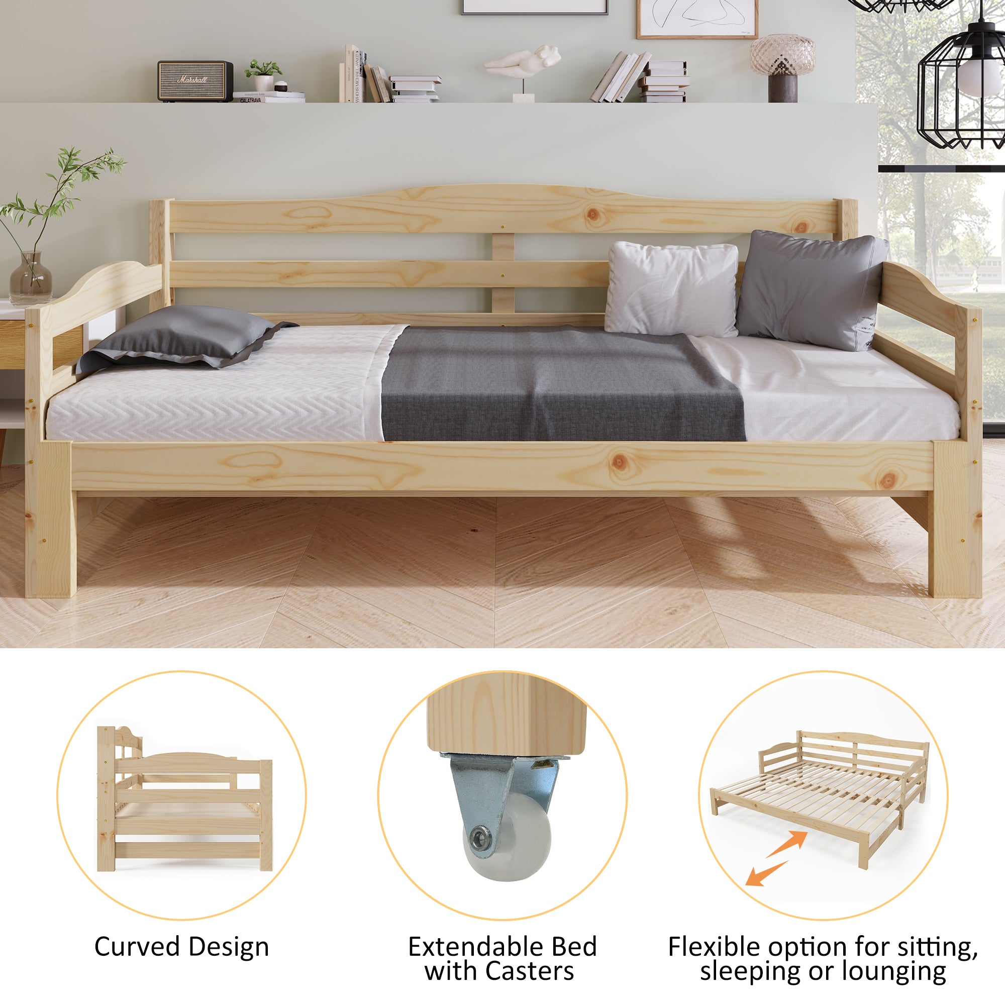 3FT Daybed Cabin Bed Single Guest Bed Sofa Bed, Pull out Trundle for Living Room and Bedroom, 90 x 190 cm, Natural